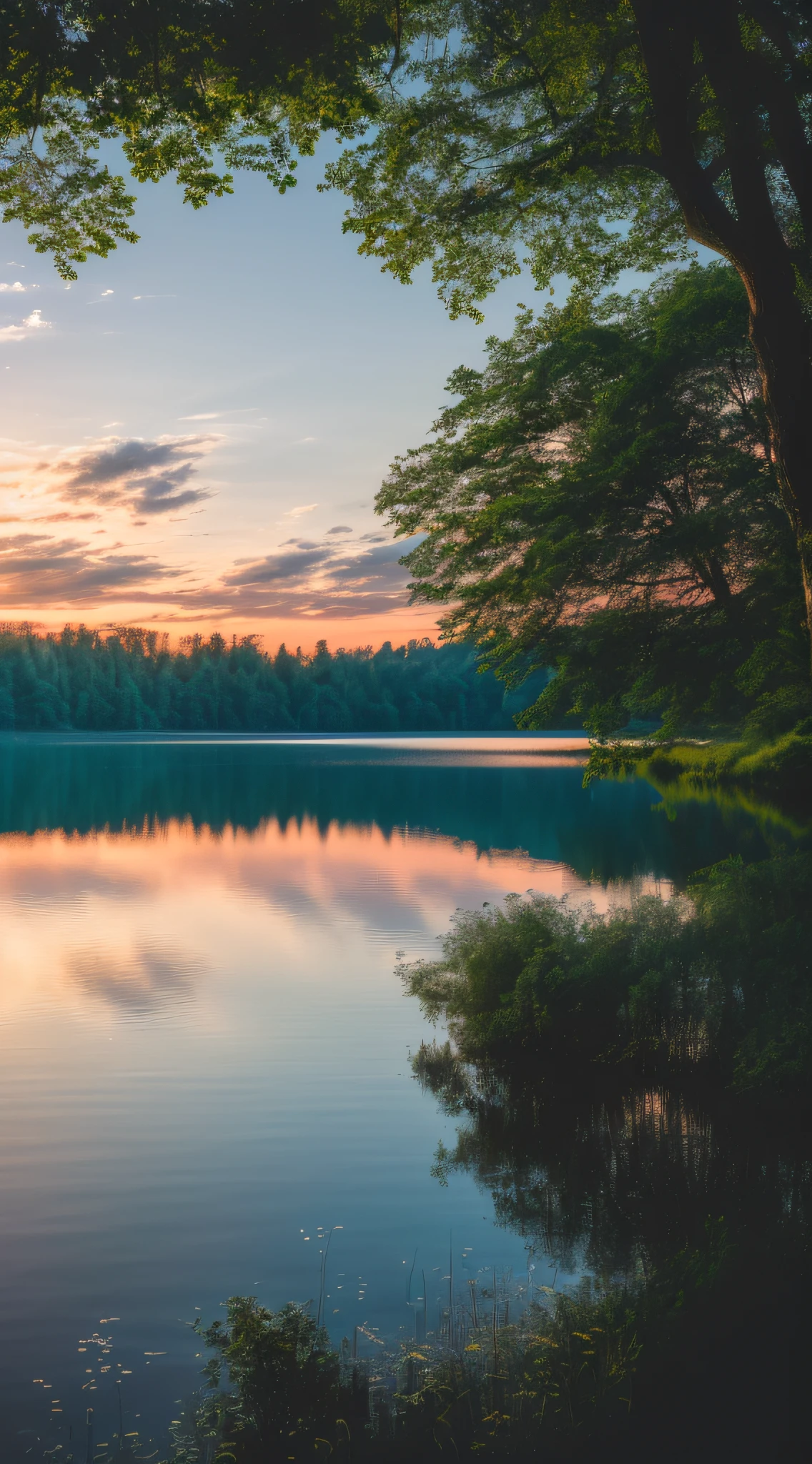 Wallpaper, summer, lake, dawn, forest, clouds, dawn background, depth of field, HD detail, hyperdetail, cinematic, soft light, deep field focus bokeh, ray tracing, diffuse (ultra-fine glass reflection) and realism. --v6