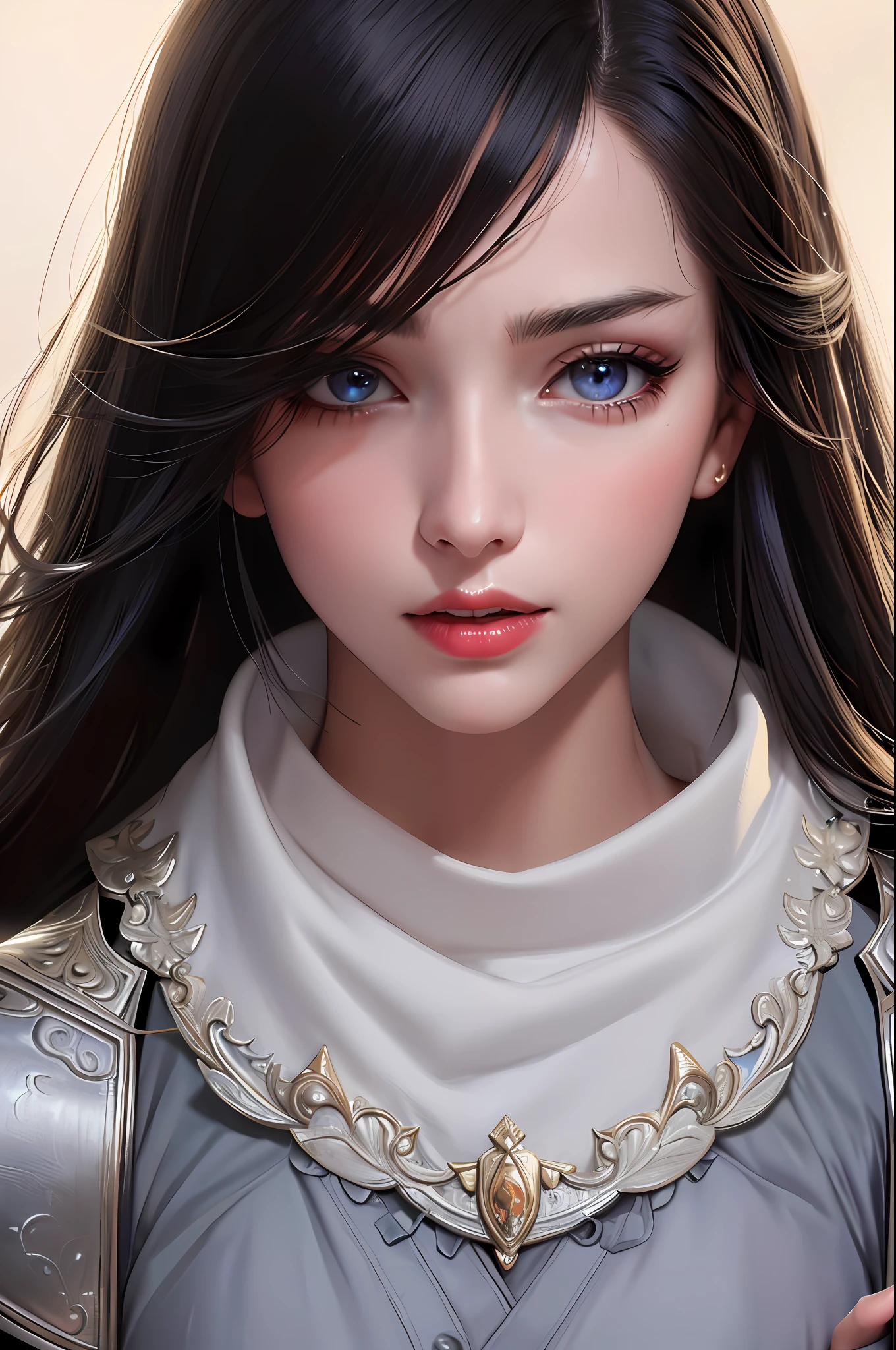 Beautiful, (masterpiece: 1.2), (best quality: 1.2), perfect eyes, perfect face, perfect light, portrait of a (mature woman: 1.3), black hair, smooth hair, blue eyes, eyeliner, red lipstick, giggle confidence, perfect white teeth, (close-up, upper body), (detailed outdoor background), detailed eyes, thick eyelashes, sharp facial features, heavy armor,