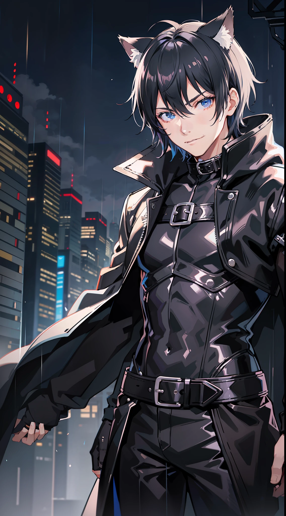 Adult man, short black hair, blue eyes, cat ears, leather cloak uncovered, night city, rain, smirk, masterpiece, high quality