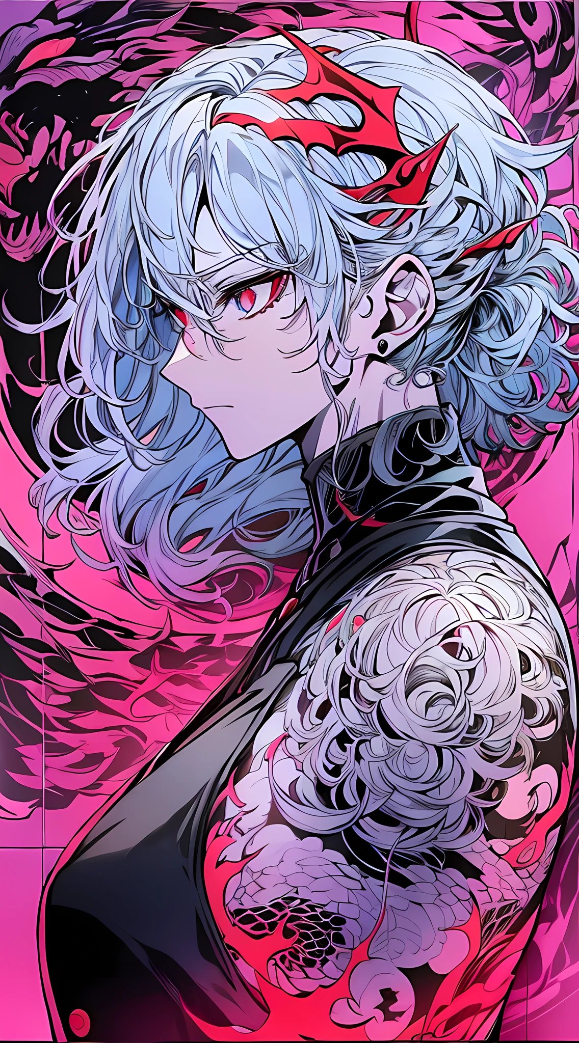 Anime magazine featuring tattoos, shoujo, silver-white hair, midi hair, droopy curls, three-dimensional and delicate facial features, reflections in the eyes, wearing a suspender suit, dragon tattoo on the arm, head down, crimson bright eyes, fierce and fierce, bad boy, riffraff, red and black background, manga art style, modern style, mobile wallpaper, 85mm, from the side, character table, projection illustration, mixed