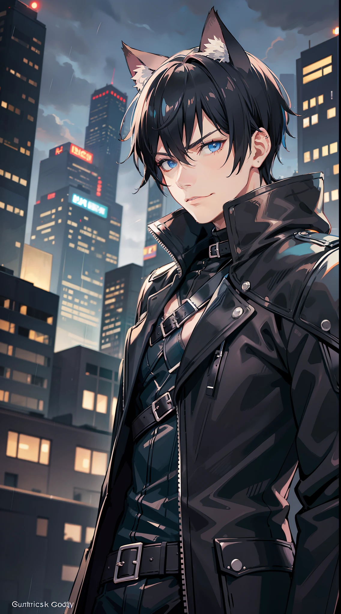 Adult man, short black hair, blue eyes, cat ears, leather cloak uncovered, night city, rain, smirk, masterpiece, high quality