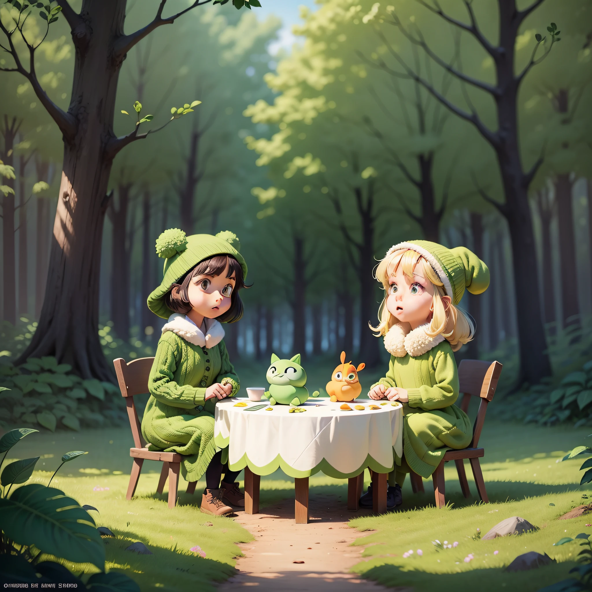 Cartoon characters with green dresses, sitting in the forest, table made of trees, doing crafts, knitting sweaters, cute characters, animated films, children's art in Artstation, cute cartoon characters, animated films, animated characters, animated films for children, official artwork, cute digital paintings, stylized 3 Ds, animated films, cute cartoon style, close-up characters, animated film stills, official art --auto --s2