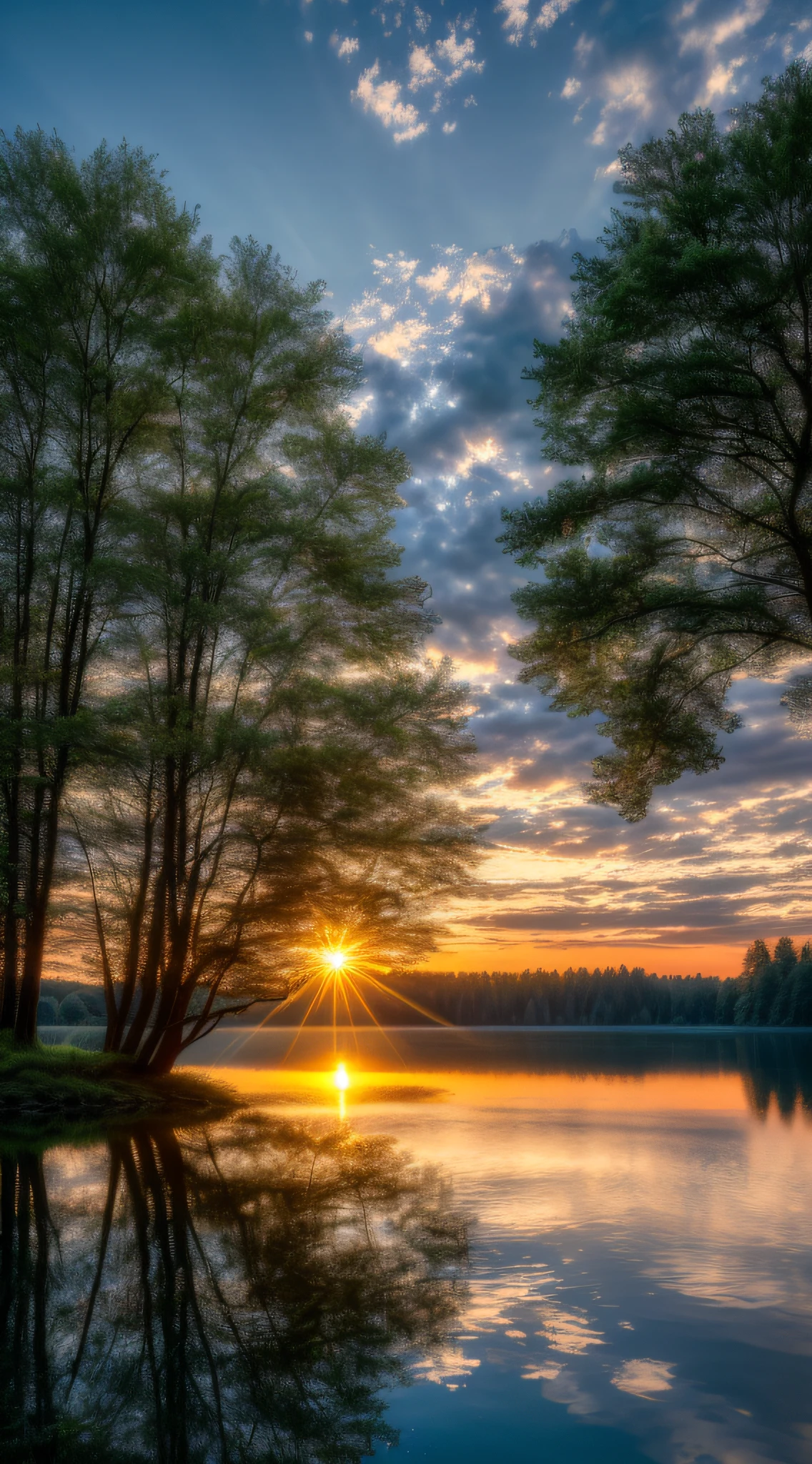 Wallpaper, summer, lake, dawn, forest, clouds, dawn background, depth of field, HD detail, hyperdetail, cinematic, soft light, deep field focus bokeh, ray tracing, diffuse (ultra-fine glass reflection) and realism. --v6