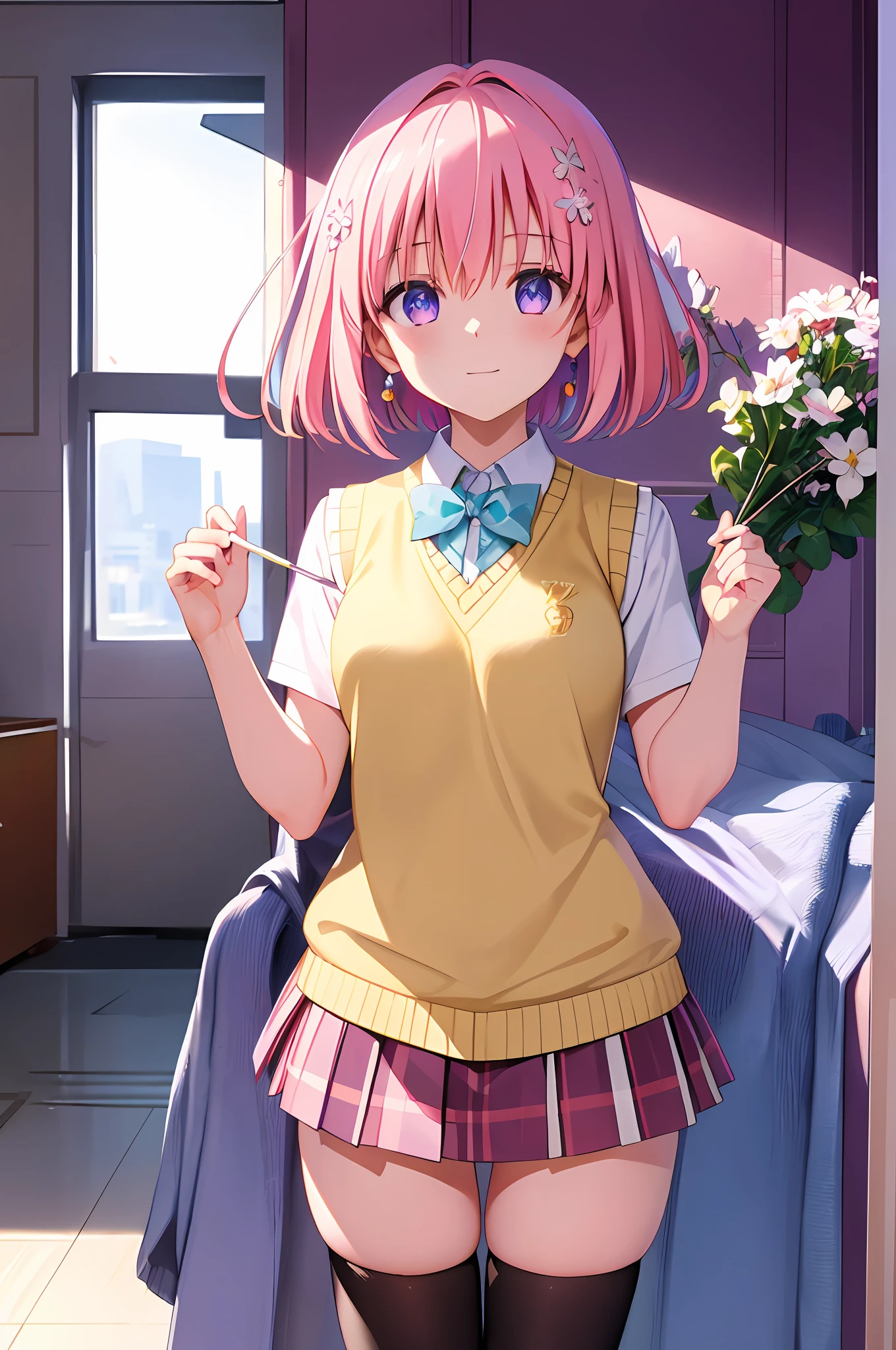 momo velia deviluke, ph momo, momohd, phmomo, solo, 1girl, pink hair, purple eyes, short hair, hair flower, sweater vest, school uniform,(yellow sweater:1.2), big eyes, plaid skirt, black thighhighs,
(masterpiece:1.2, best quality), (finely detailed beautiful eyes: 1.2), (beautiful detailed face), (sharp face hair between eyes, Classroom,
(detail white panty, cameltoe), , brush, transparent panty, ass up wait feet, ,