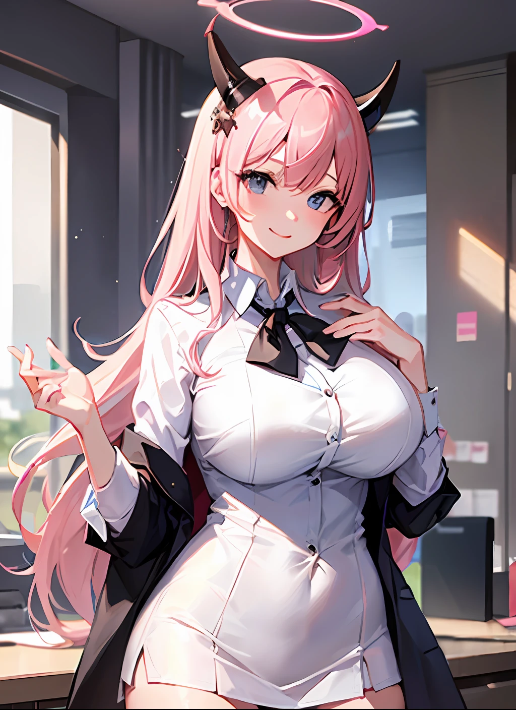 ((masterpiece, best quality)), (1girl),((mature female)), lightpink hair, halo, horn, ((office lady )),bangs,middle breast,(busty),slim,smile, [wide hips],office,standing, aru \(blue archive\),