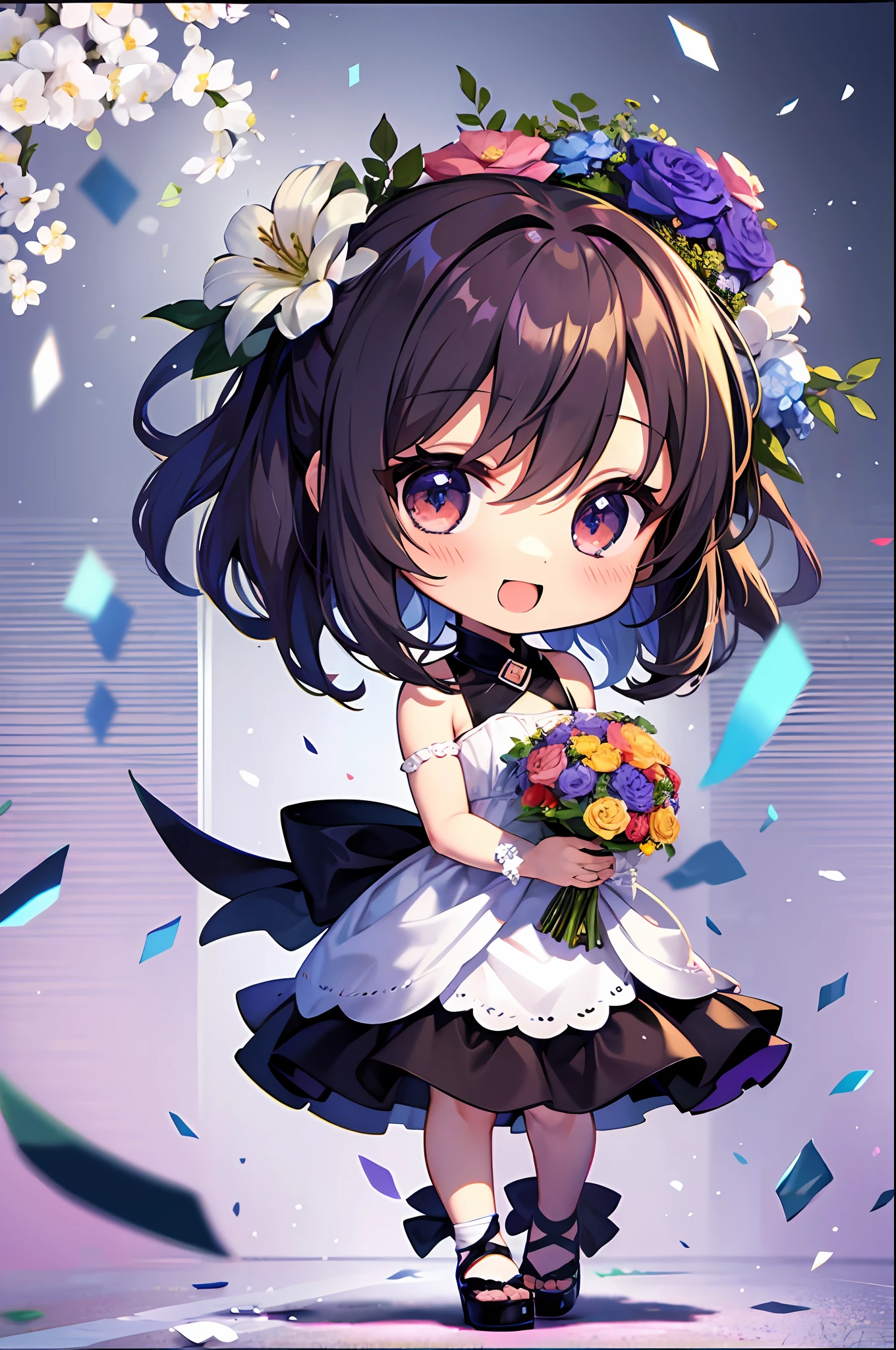 (Chibi: 1.3), happy, (holding a bouquet), full body,