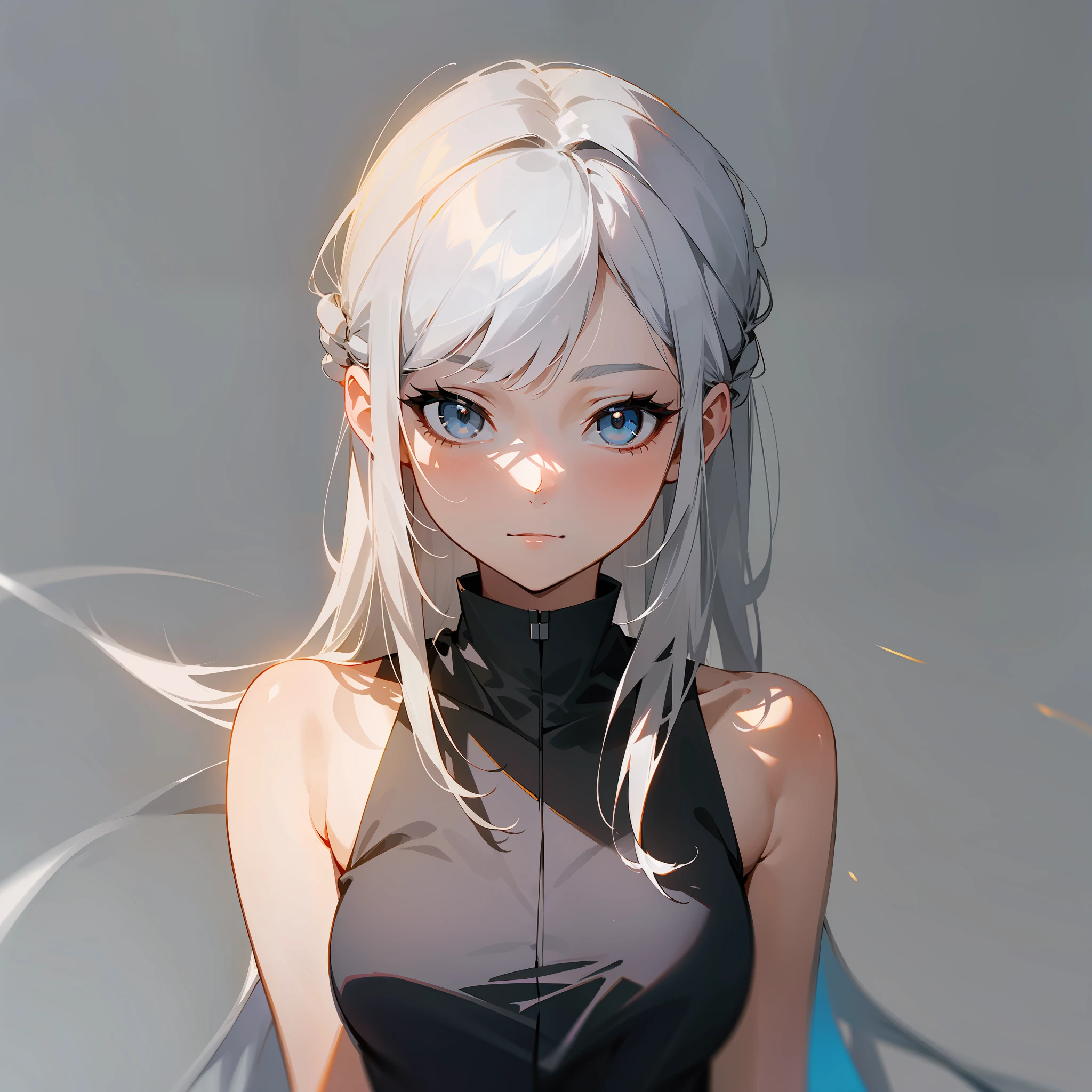 (Minimalist Style: 1.2), (Delicate Style: 1.1), (Gray Background: 1.3), (Light and Shadow Effects: 1.1), A Girl with White Hair.