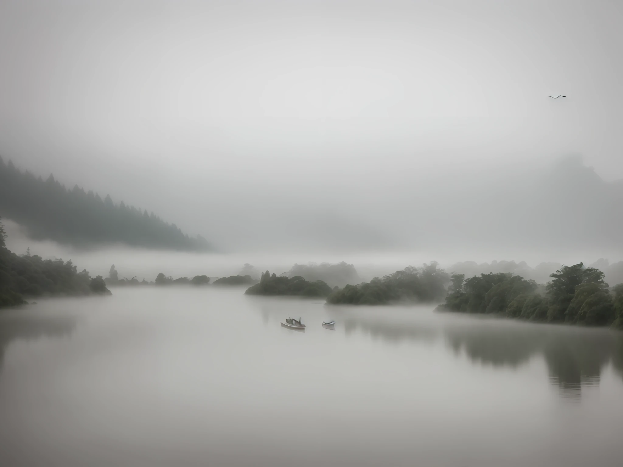 there is a boat that is floating in the water on a foggy day, the morning river, wide angle river, mist floats in the air, river in the background, water fog, foggy water, fog on the water, gloomy misty atmosphere, the photo was taken from afar, foggy photo 8 k, misty and foggy, floating in a misty daze