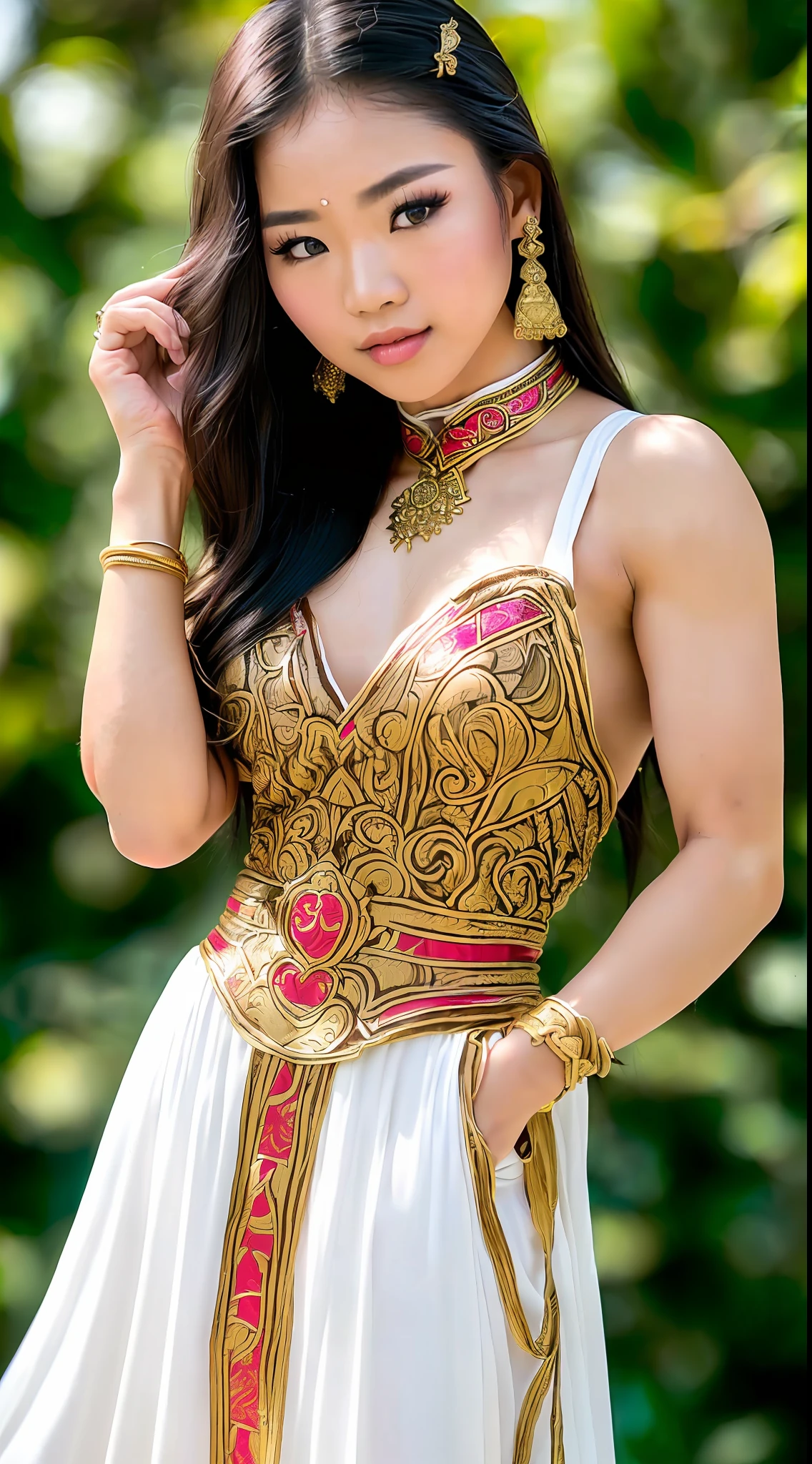 a beautiful young Thai woman with blond hair and a bodybuilder physique, wearing a Vietnamese traditional white dress, white kao dai, full body including legs, cinematic medium close-up portrait, Key light, backlight, natural lighting, photography 400 ISO film grain 30mm lens RAW aperture f1.8, art photographer, movie still poster from Lord of the Rings, intricate print, choker