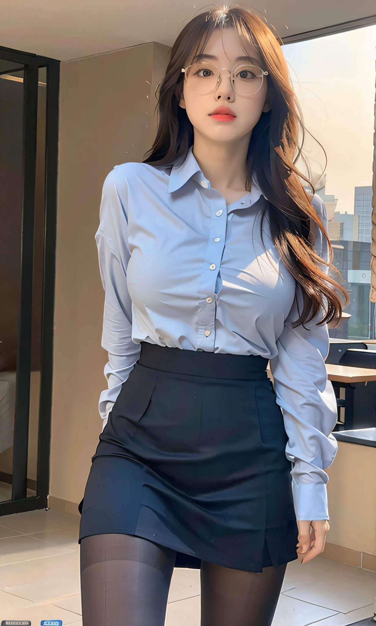 ulzzang-6500-v1.1, (raw photo:1.2), (photorealistic:1.4), beautiful detailed girl, very detailed eyes and face, beautiful detailed eyes, ridiculous, incredibly ridiculous, huge file size, super detailed, high resolution, very detailed, best quality, masterpiece, ((light blue shirt)), illustration, very detailed, CG, unified, 8k wallpaper, amazing, fine details, masterpiece, Best quality, very detailed CG unified 8k wallpaper, face light, movie lighting, 1girl, , long white hair, side split, (big breasts), (no panties)), (with glasses), (dynamic pose), (sexy pose), ((camel toe))), (half), ((pantyhose)), ((black hip skirt)), (bent knees)))))