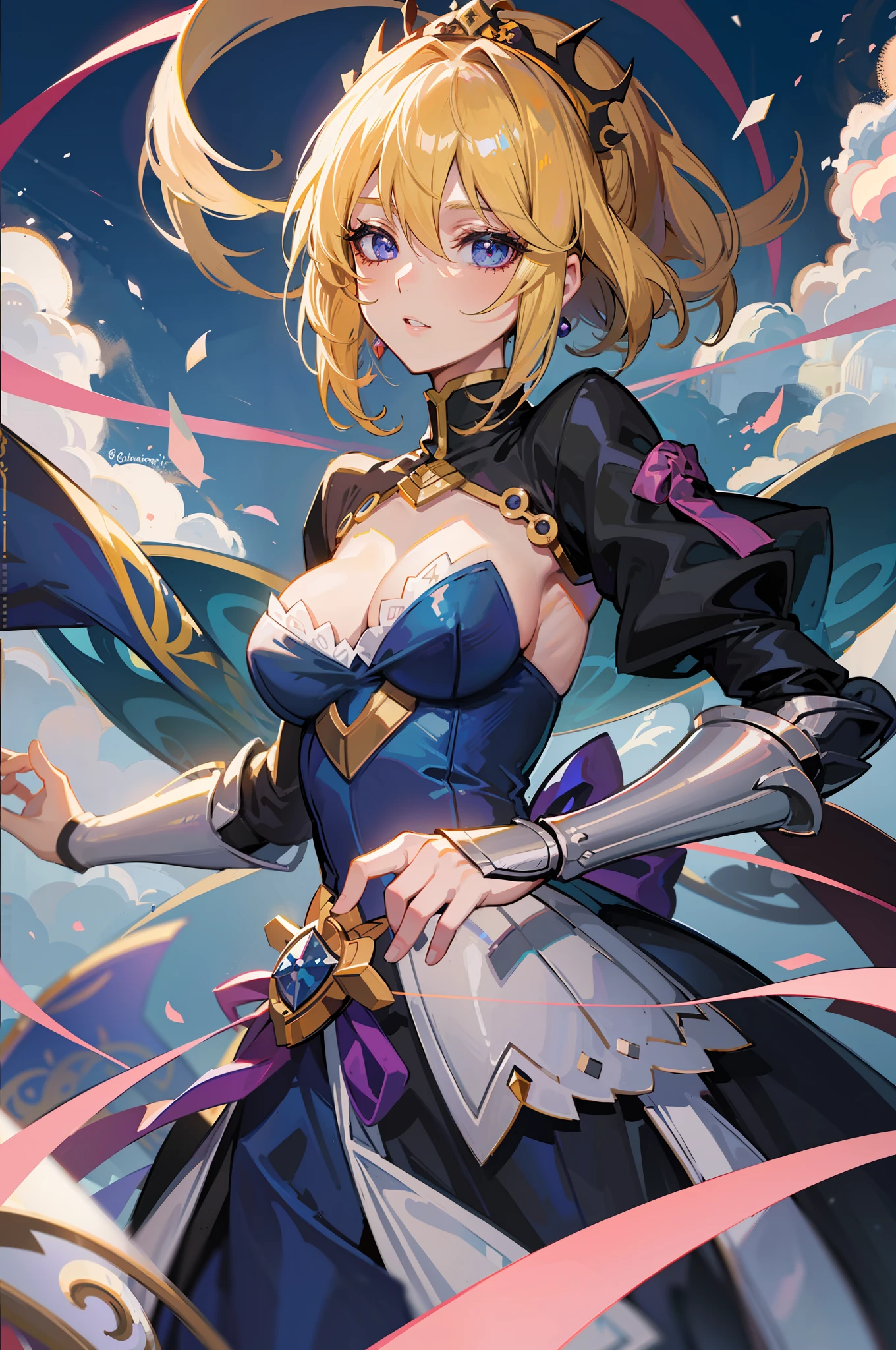 ((Best Quality, 8K,)) 1 Woman, Blonde Hair and Red-Eyed Anime Girl, Anime Girl Named Lucy, Portrait of a Female Anime Hero, Female Anime Character, Zodiac Girl Portrait Knight, Artoria Pendragon, Hajime Yatate, Symphogear, Giorno Giovanna, Cornelia from Code Geass, War Maiden Suvia, Small, Purple Ribbon Luxurious Jewelry Luxurious black dress