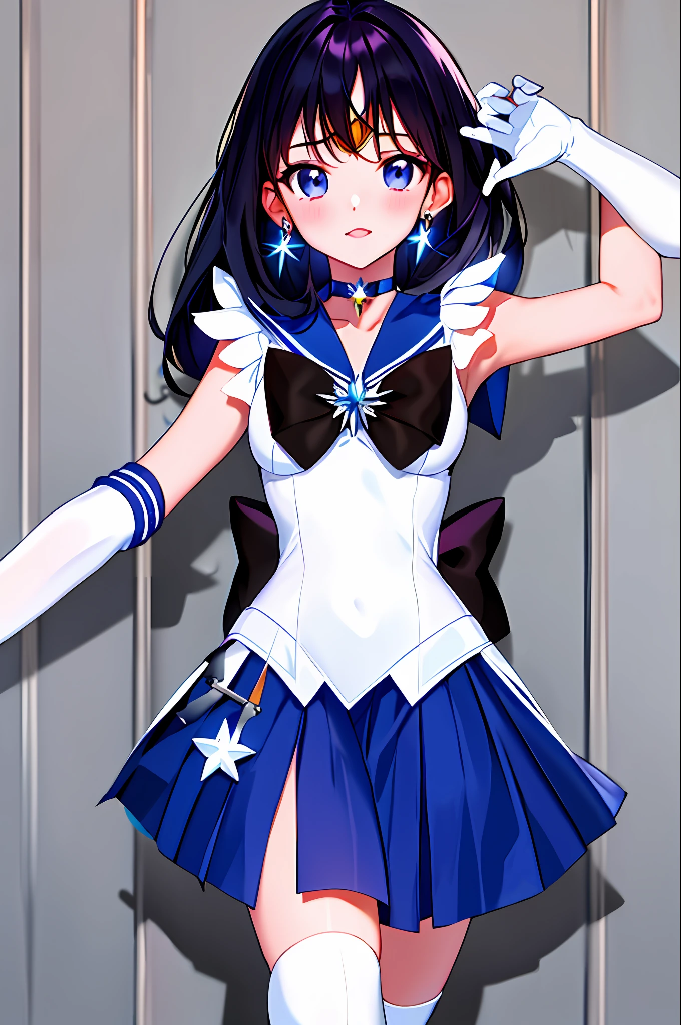 masterpiece, best quality, highres, mer1, tiara, sailor senshi uniform, blue skirt, blue sailor collar, tiara, bow, knee boots, choker, white gloves, blue choker, elbow gloves, jewelry, earrings, pleated skirt, cowboy shot, outdoors