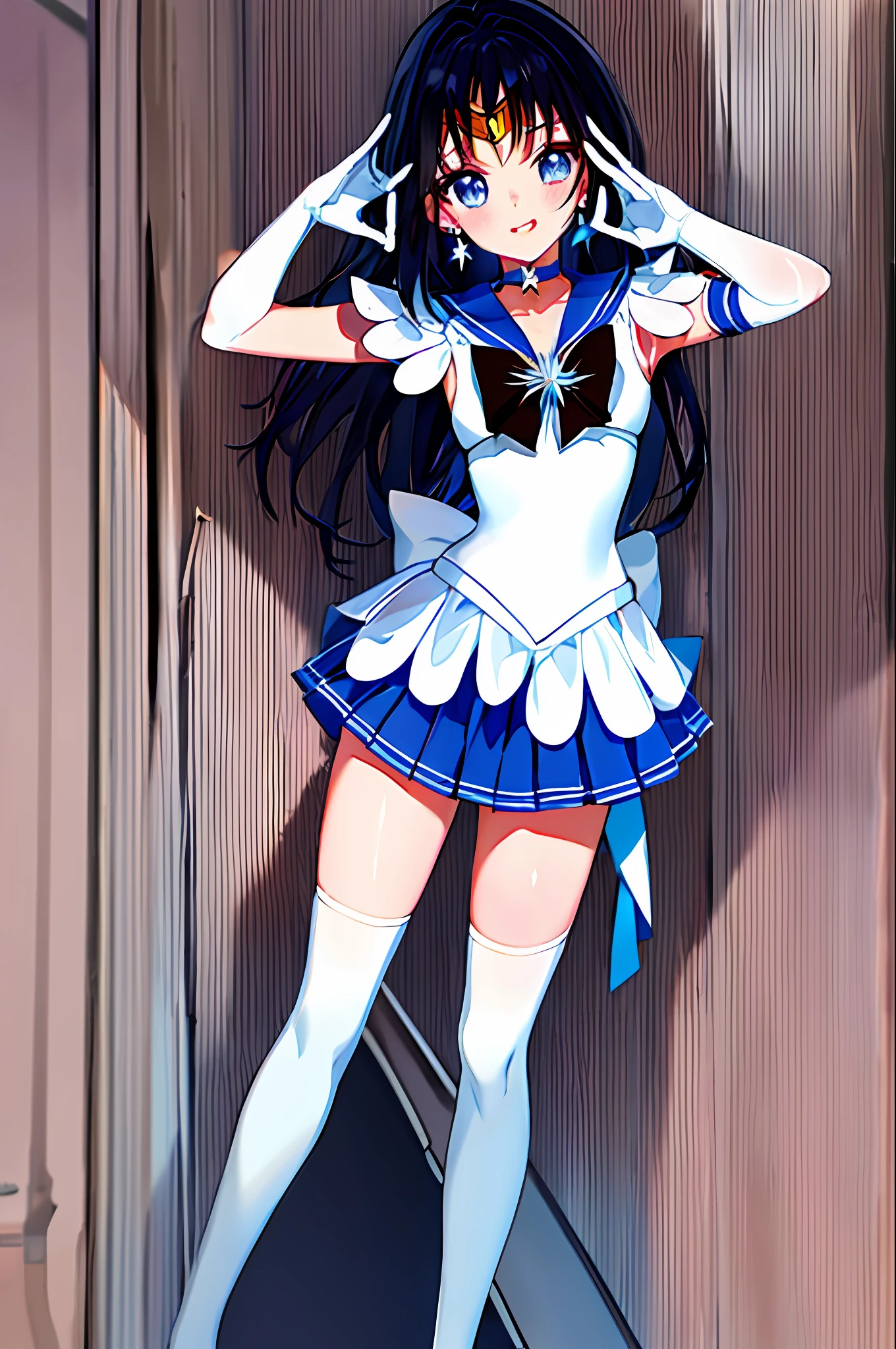 masterpiece, best quality, highres, mer1, tiara, sailor senshi uniform, blue skirt, blue sailor collar, tiara, bow, knee boots, choker, white gloves, blue choker, elbow gloves, jewelry, earrings, pleated skirt, cowboy shot, outdoors