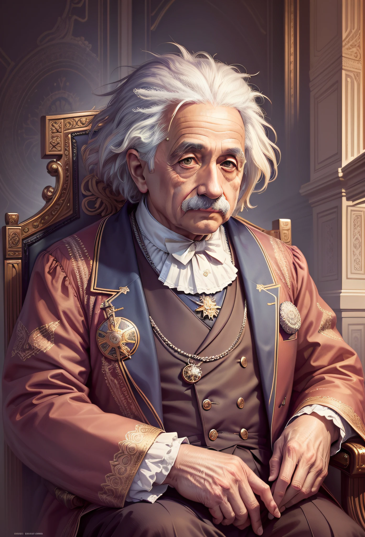 "An ultra-detailed and beautiful illustration of Albert Einstein as a majestic king, sitting regally on his throne with impeccable color grading."