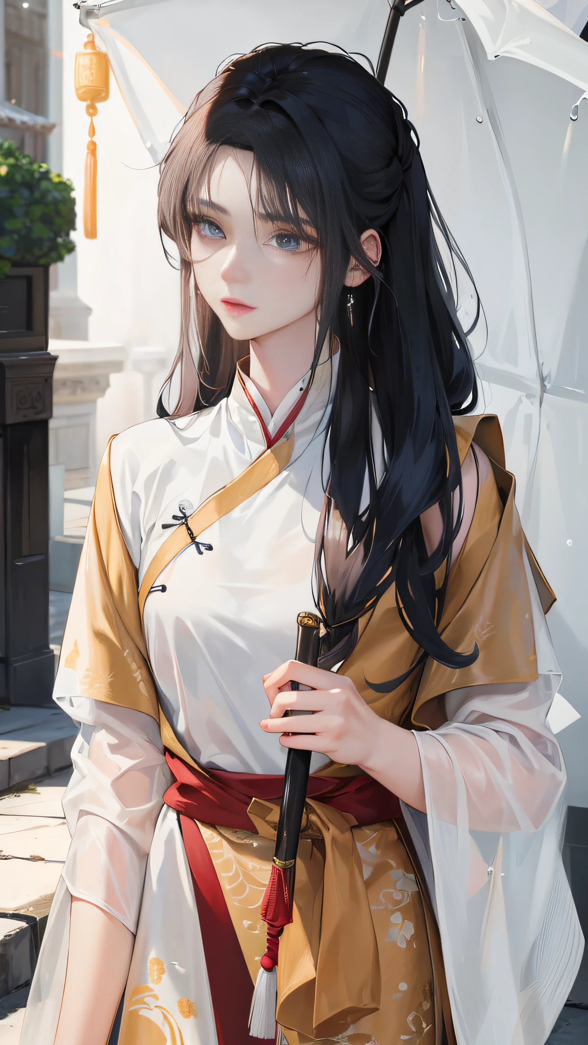 Masterpiece, Excellent, Night, Outdoor, Rainy Day, Branches, Chinese Style, Ancient China, 1 Woman, Mature Woman, Silver-White Long-Haired Woman, Gray-Blue Eyes, Pale Pink Lips, Indifference, Seriousness, Bangs, Assassin, Sword, White Clothes, Blood, ????????, Death, Injury, Blood, Facial Bloodstain, Lots of Blood, Facial Details, Facial Details,