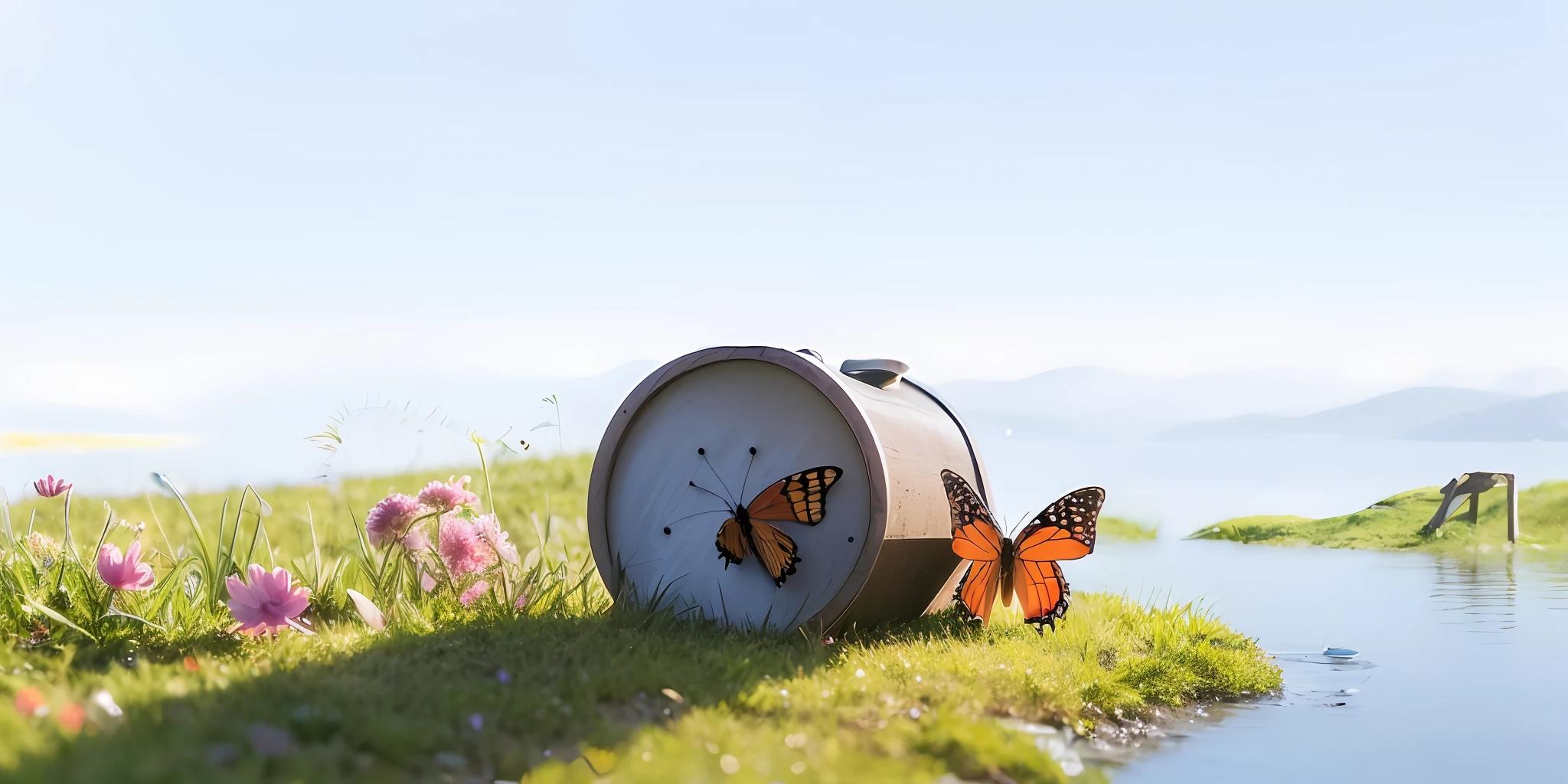 (best quality, ultra-detailed), morning light, rustle, fairy seed, meadow, stone, red butterfly, twinkle, pastel tone, panorama.