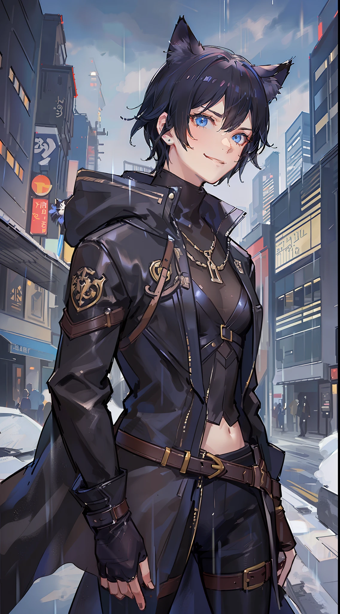 Adult man, short black hair, blue eyes, cat ears, leather cloak uncovered, night city, rain, smirk, masterpiece, high quality