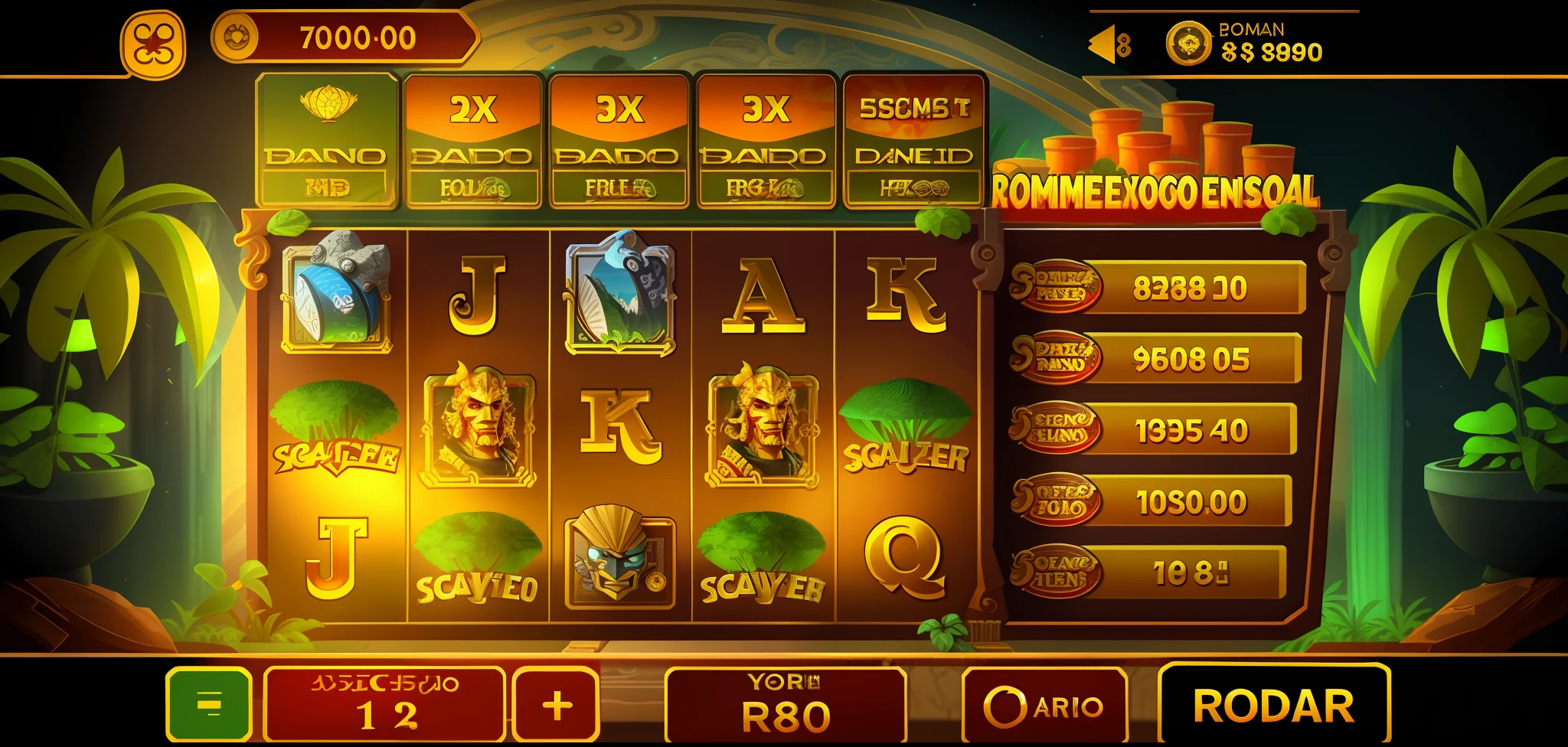 slot machine with many casino symbols, eldorado, game interface, gilda djo, game ui, game screen, jungle theme, computer game with ui, game illustration, game UI asset design, bush stone shell, jungle theme, online casino logo, gold, bush stone shell elements, mobile game, highly stylized, stylized game art, mayan style, 8K highly detailed, game interface, uniform format, slots
