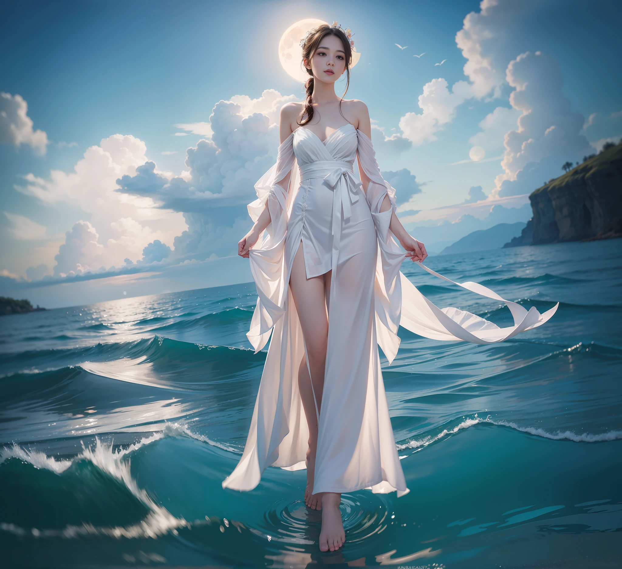 Best Quality, High Resolution,,1Girl, Portrait Photography, Wearing White Gauze Dress, Folding Fan in Right Hand, Bright Moon on the Sea, Cherry Blossoms, (Nudity: 1.5), Late Night, Dynamic Composition, Anatomically Correct, Detailed Fingers, Slender Fingers, Normal Feet, Ultra-realistic 50mm Lens, Relaxed Atmosphere, 35mm Film, High Detail, Hyperrealistic, (Excellent Rendering), Dynamic Composition, Dark Moonlight, Blurred Background, Rich Colors, (Fine Face Details), Surreal,