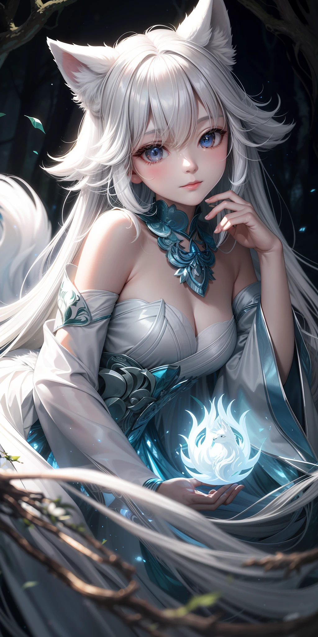 In a mysterious forest, a pure white fox shuttles gracefully, its fur shimmering silver-white, and its eyes reveal wisdom and mystery. It is best to draw a side face that is facing the line of sight, and likes artistic style and infectious depictions.