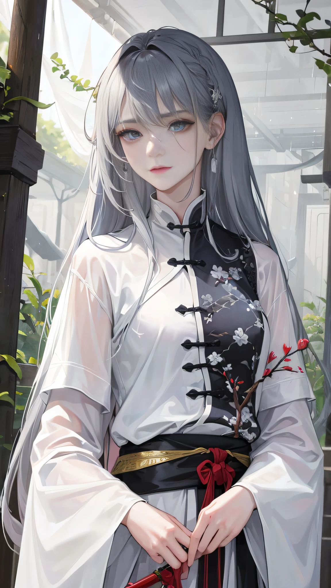 Masterpiece, Excellent, Night, Outdoor, Rainy Day, Branches, Chinese Style, Ancient China, 1 Woman, Mature Woman, Silver-White Long-Haired Woman, Gray-Blue Eyes, Pale Pink Lips, Indifference, Seriousness, Bangs, Assassin, Sword, White Clothes, Blood, Violence, Death, Injury, Blood, Facial Bloodstain, Lots of Blood, Facial Details, Facial Details,