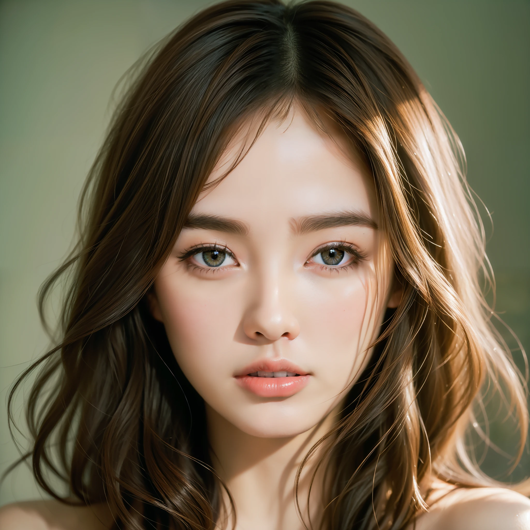 filmg, film portrait photography, 1girl, bare shoulders, wavy shoulder length hair, gentle, gentle, (realistic detailed eyes, natural skin texture, realistic face details), soft dramatic lighting, depth of field, bokeh, vivid detail, detail, ultra realistic, 35mm film, blur