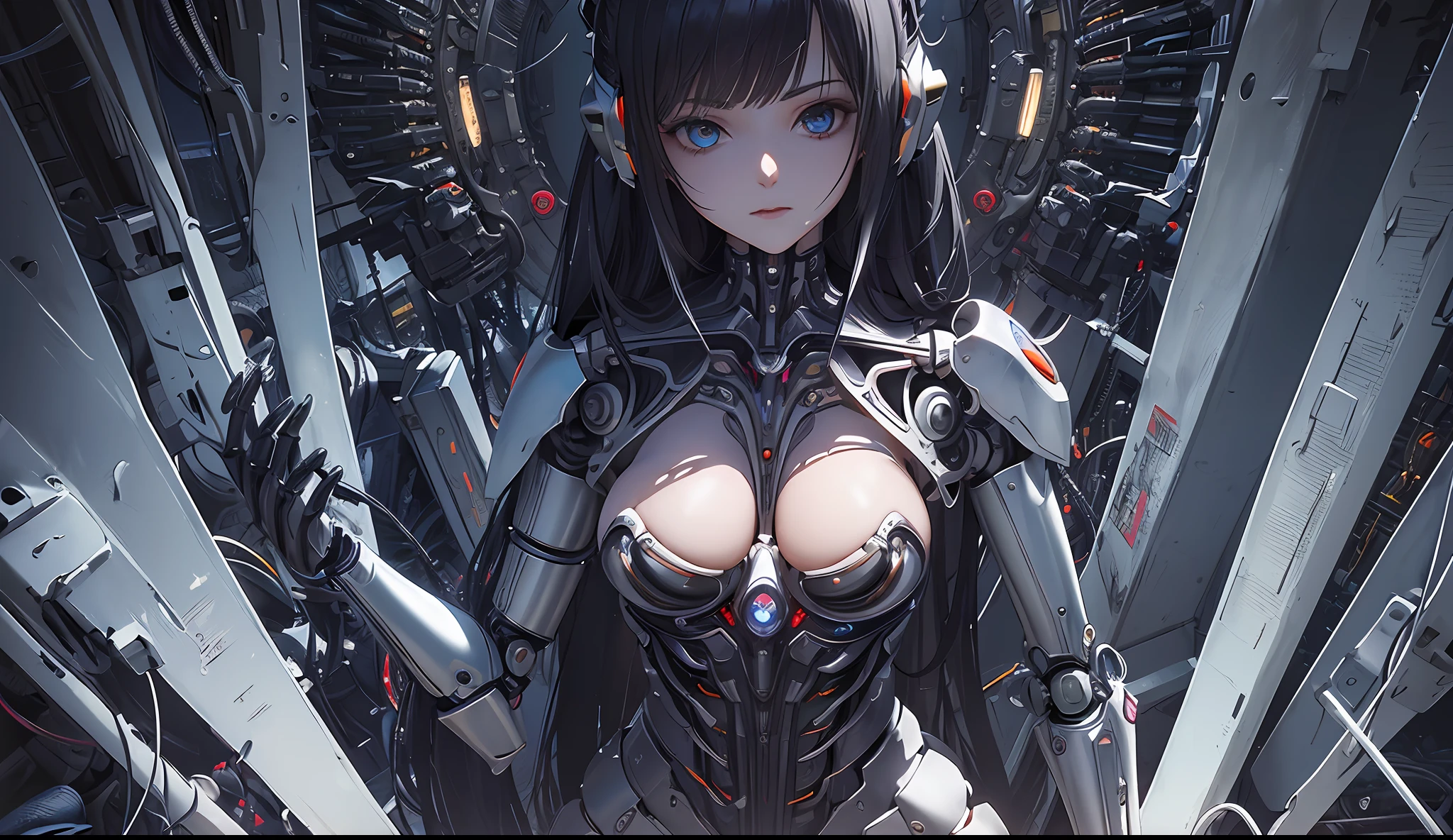 (((Masterpiece))), ((Best Quality)), (Super Detail), (CG Illustration), (Very Evil and Beautiful)), Cinematic Light, (((1 Machine Girl)), Single, (Mechanical Joints: 1.4), ((Mechanical Limbs)), Expressionless, (Wires and Cables Attached to Head and Body: 1.5), Science Fiction, End Times, Sexy,