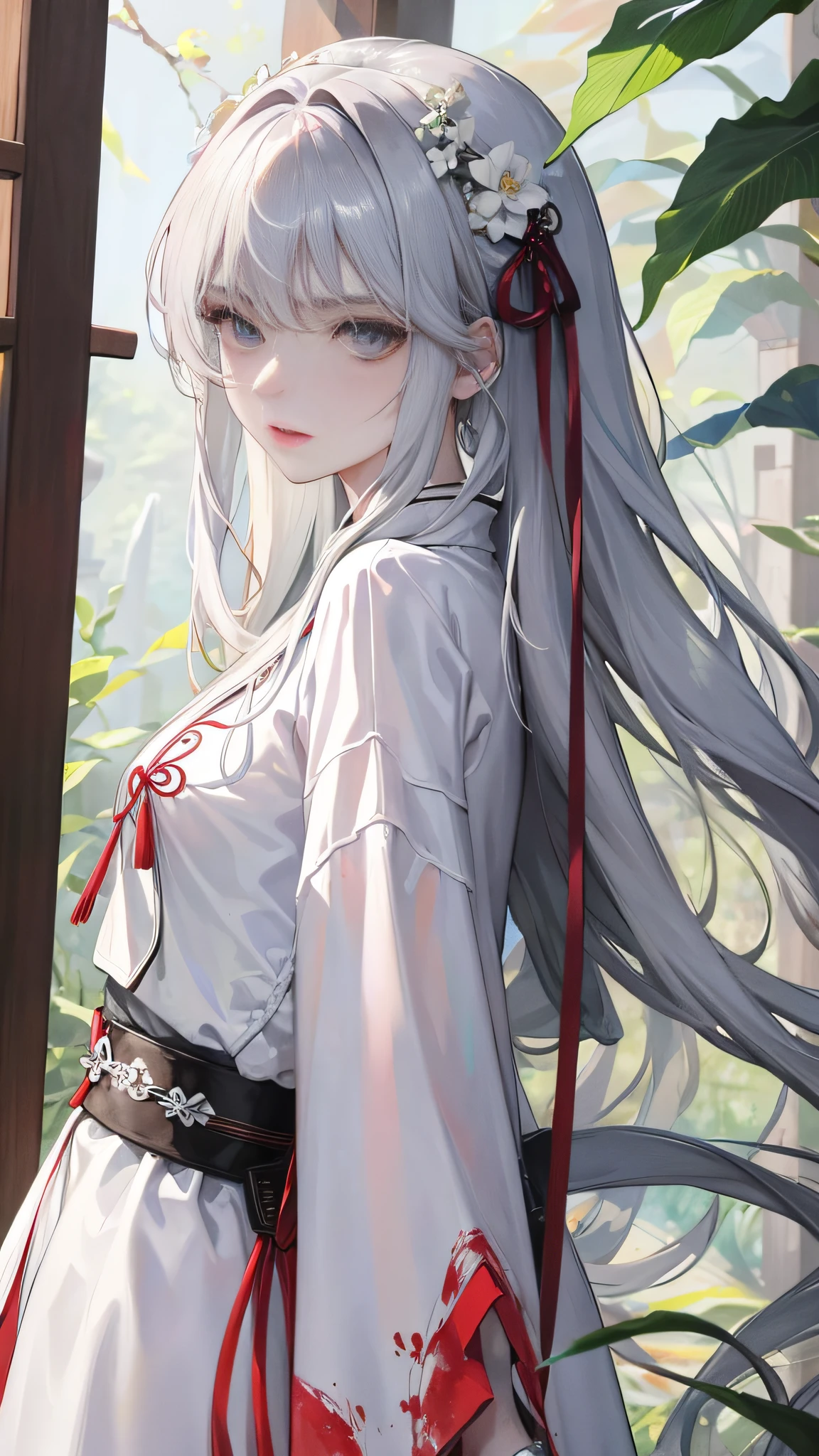 Masterpiece, Excellent, Night, Outdoor, Rainy Day, Branches, Chinese Style, Ancient China, 1 Woman, Mature Woman, Silver-White Long-Haired Woman, Gray-Blue Eyes, Pale Pink Lips, Indifference, Seriousness, Bangs, Assassin, Sword, White Clothes, Blood, Violence, Death, Injury, Blood, Facial Bloodstain, Lots of Blood, Facial Details, Facial Details,