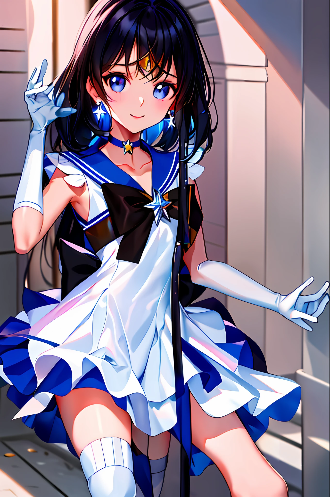 masterpiece, best quality, highres, mer1, tiara, sailor senshi uniform, blue skirt, blue sailor collar, tiara, bow, knee boots, choker, white gloves, blue choker, elbow gloves, jewelry, earrings, pleated skirt, cowboy shot, outdoors