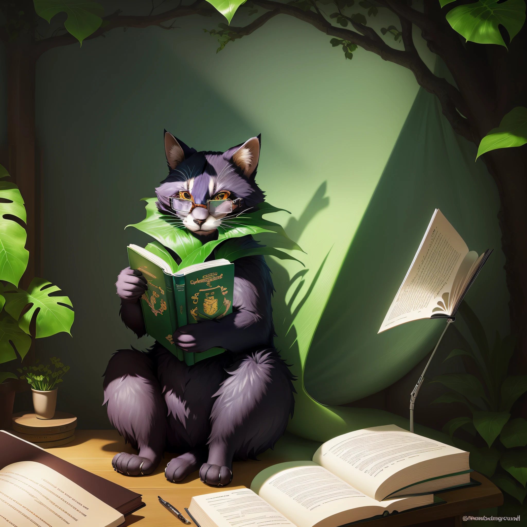 Cartoon cat reading with glasses, trying to read, discord PFP, relaxing after a hard day, reading a book, intelligence cat, cel shadow !, learning, furry fan, reading new book, studious, discord profile picture, relax, telegram sticker, anthropomorphic raccoon, typical cryptocurrency book, SFW version, read, try to learn, forest floor, monstera plant, fantasy