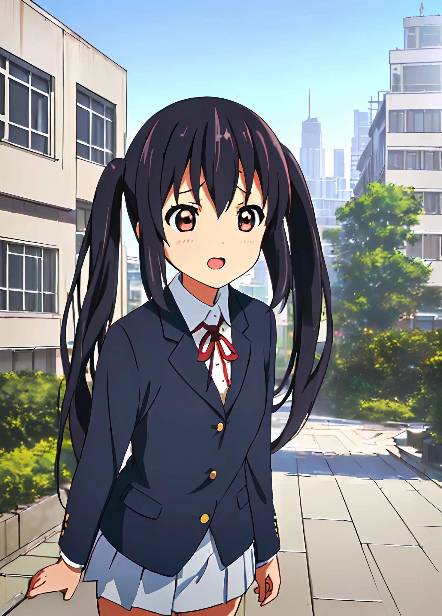 1girl, ((((Masterpiece))), Best Quality, Best Quality, High Detail, Azusa Nakano, 1girl, Sakuragaoka High School Uniform, Musical Instrument, School Uniform, Twin Tails, Long Hair, Black Hair, Brown Eyes, Solo, Red, Dark blue blazer with a thin ribbon of red, Solid white button shirt under blazer, Illustration, Cartoon, Soothing tones, Muted colors, Soft cinematic light, Adobe Lightroom, Photo Lab, HDR, complex and highly detailed, (((depth of field))))). (((Masterpiece))). (((highest quality))).) ((super detail))). (((Illustration))). (((Outside))). (((fighting stance))).,((((Giantization))).dynamic focus.small breasts. (((skyscrapers))). (((Cityscape))). (((Face of sadness))). open mouth.