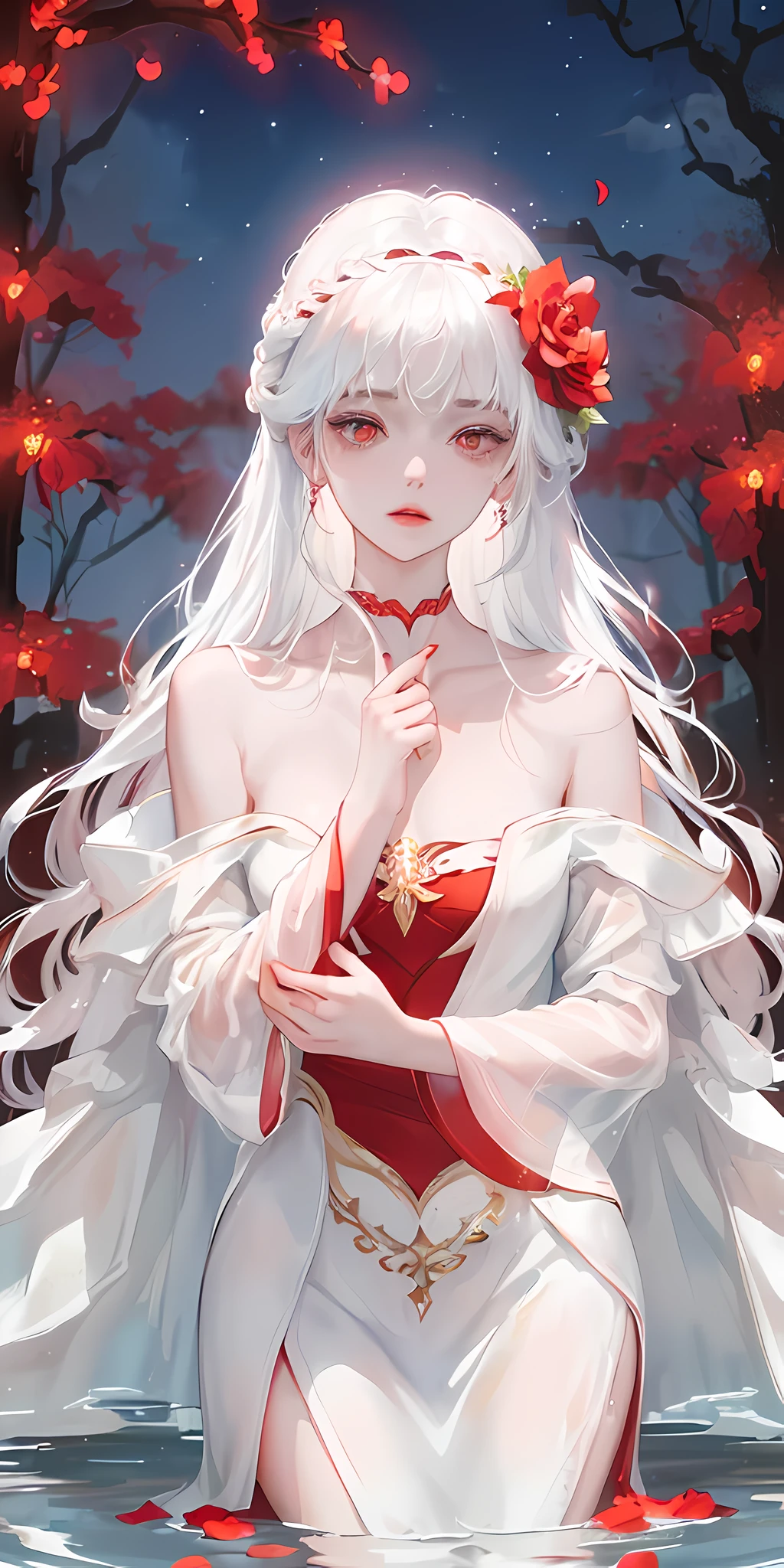close-up, (beautiful girl), garlic, flower, (beautiful girl), bust photo, moist lips, sad eyes, long white hair, smooth and delicate skin, ((red clothes)), red long skirt, open thighs, brilliant and colorful, fantasy art, mysticism, dream scene, dream, dream light, seduction, psychedelic, misty halo, (((night)), river bank, full of flowers on the other side, dreamy, flying red tiny petals, red fluorescent petals, fluorescent flowers, Fluorescent flowing water, standing in water, shallow water, master works, extreme detail, planing correctly, correct limbs, accurate, hud, high definition, exquisite details, 8K, red light