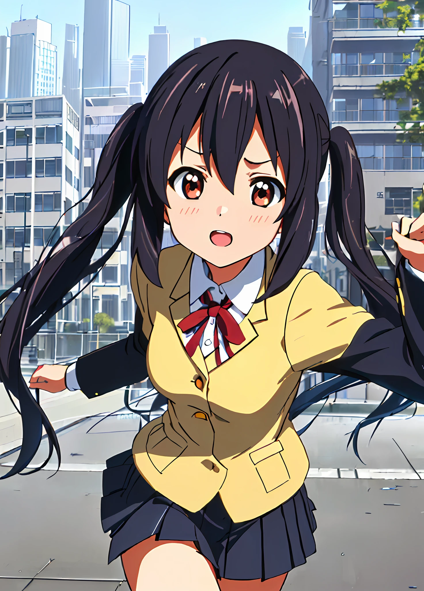 1girl, ((((Masterpiece))), Best Quality, Best Quality, High Detail, Azusa Nakano, 1girl, Sakuragaoka High School Uniform, Musical Instrument, School Uniform, Twin Tails, Long Hair, Black Hair, Brown Eyes, Solo, Red, Dark blue blazer with a thin ribbon of red, Solid white button shirt under blazer, Illustration, Cartoon, Soothing tones, Muted colors, Soft cinematic light, Adobe Lightroom, Photo Lab, HDR, complex and highly detailed, (((depth of field))))). (((Masterpiece))). (((highest quality))).) ((super detail))). (((Illustration))). (((Outside))). (((fighting stance))).,((((Giantization))).dynamic focus.small breasts. (((skyscrapers))). (((Cityscape))). (((Face of sadness))). open mouth.