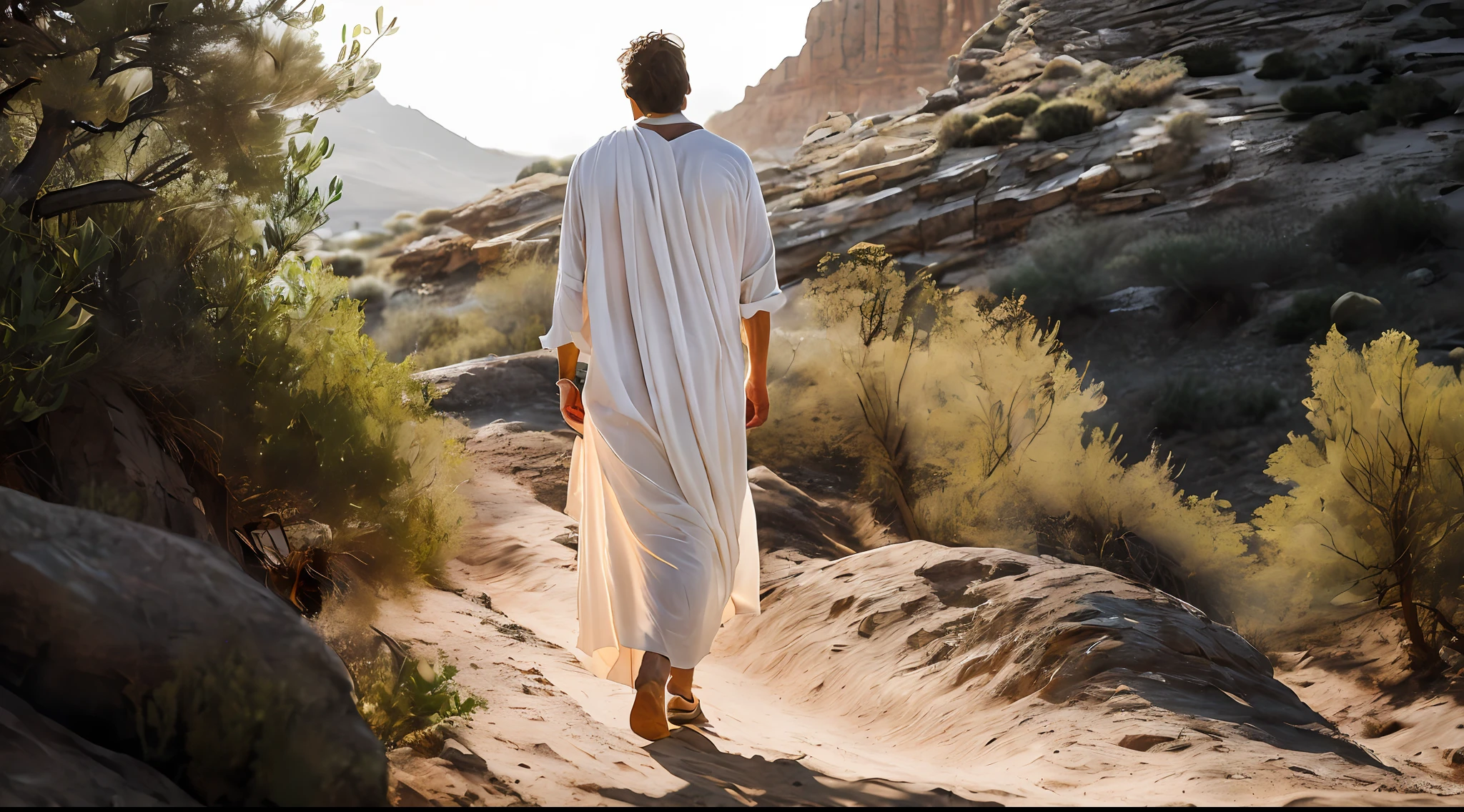 Ancient Israel, ((Short-haired)))), Rear view of Jesus Christ, white clothes, sandals, 1st century, walking in the wilderness, 8k, RAW photography, top quality, masterpiece: 1.5, ulra high resolution, photorealistic: 1.5, cinematic lights, soft volumetric lighting: 1.5, realistic, photorealistic: 1, detailed skin, professional lighting, photography, sharp focus, detail, professional lighting, photon mapping, detailed and complex environment, highly detailed, highest quality, artistic photography, photorealistic concept art, soft natural volumemetric cinematic perfect light, mid-journey, detailed hands,