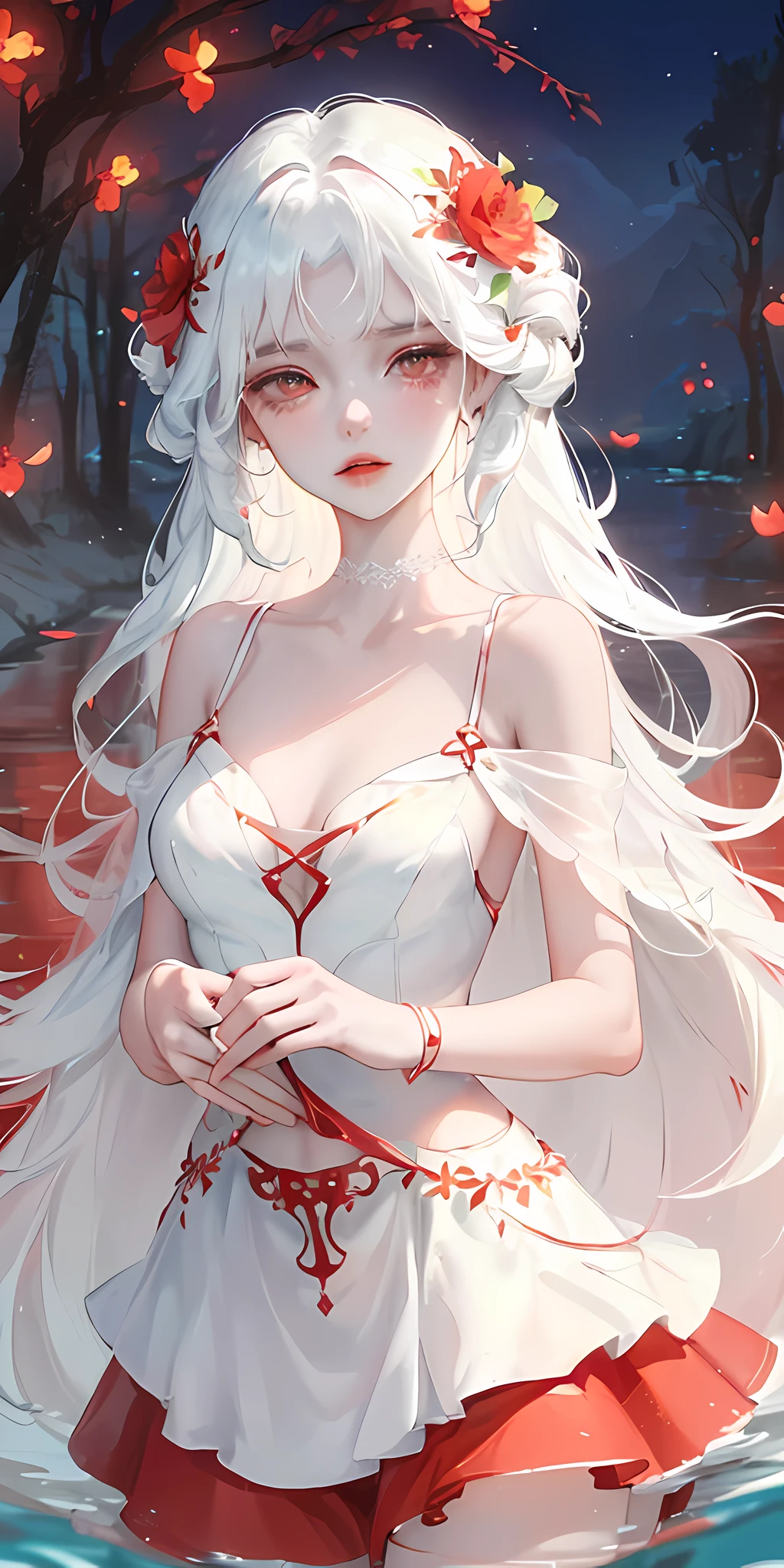 close-up, (beautiful girl), garlic, flower, (beautiful girl), bust photo, moist lips, sad eyes, long white hair, smooth and delicate skin, ((red clothes)), red long skirt, open thighs, brilliant and colorful, fantasy art, mysticism, dream scene, dream, dream light, seduction, psychedelic, misty halo, (((night)), river bank, full of flowers on the other side, dreamy, flying red tiny petals, red fluorescent petals, fluorescent flowers, Fluorescent flowing water, standing in water, shallow water, master works, extreme detail, planing correctly, correct limbs, accurate, hud, high definition, exquisite details, 8K, red light
