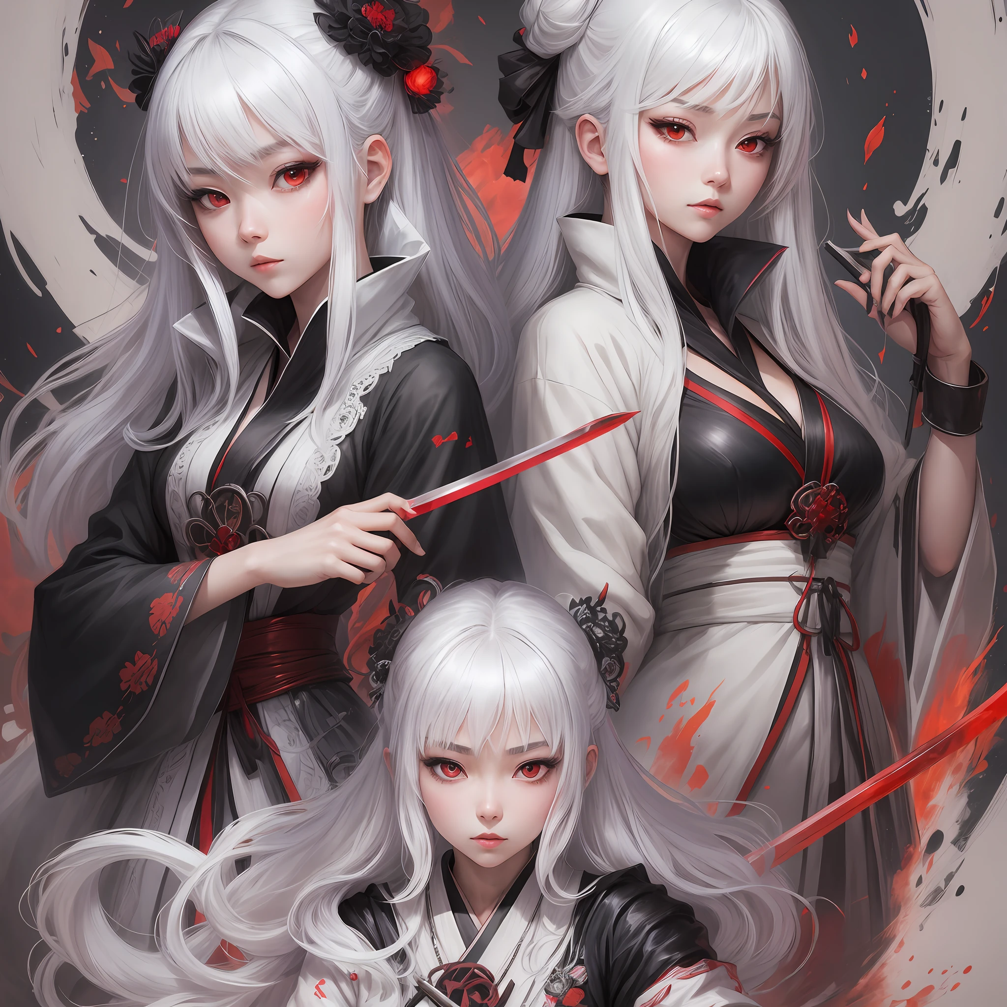 Japanese girl, manga style, white hair, shawl hair, red eyes, black dress, she holds a Japanese sword drawn, --auto --s2
