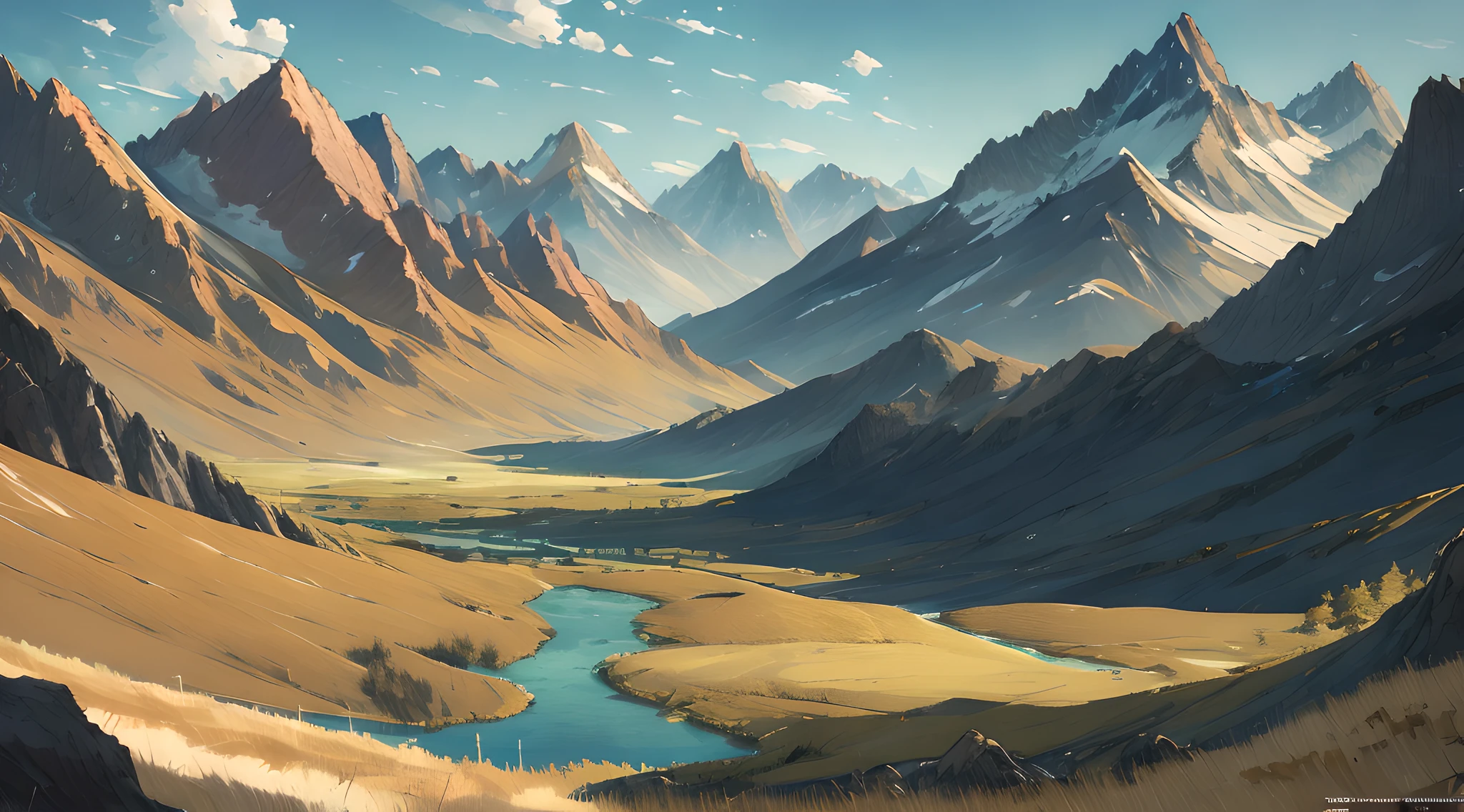 (Best quality),(masterpiece),(ultra detailed),(high detailed),(extremely detailed),anime scenery landscape landscape in mountains, by moebius and charlie bowater, Trending on artstation, CGSociety, Fantasy, detailed, 8k, octane