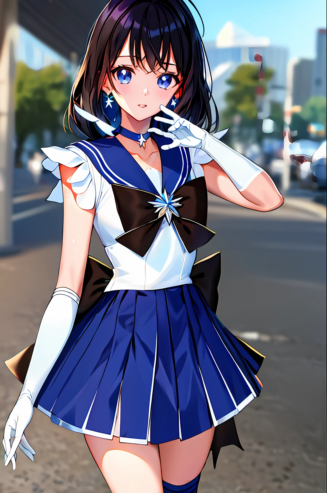 masterpiece, best quality, highres, mer1, tiara, sailor senshi uniform, blue skirt, blue sailor collar, tiara, bow, knee boots, choker, white gloves, blue choker, elbow gloves, jewelry, earrings, pleated skirt, cowboy shot, outdoors
