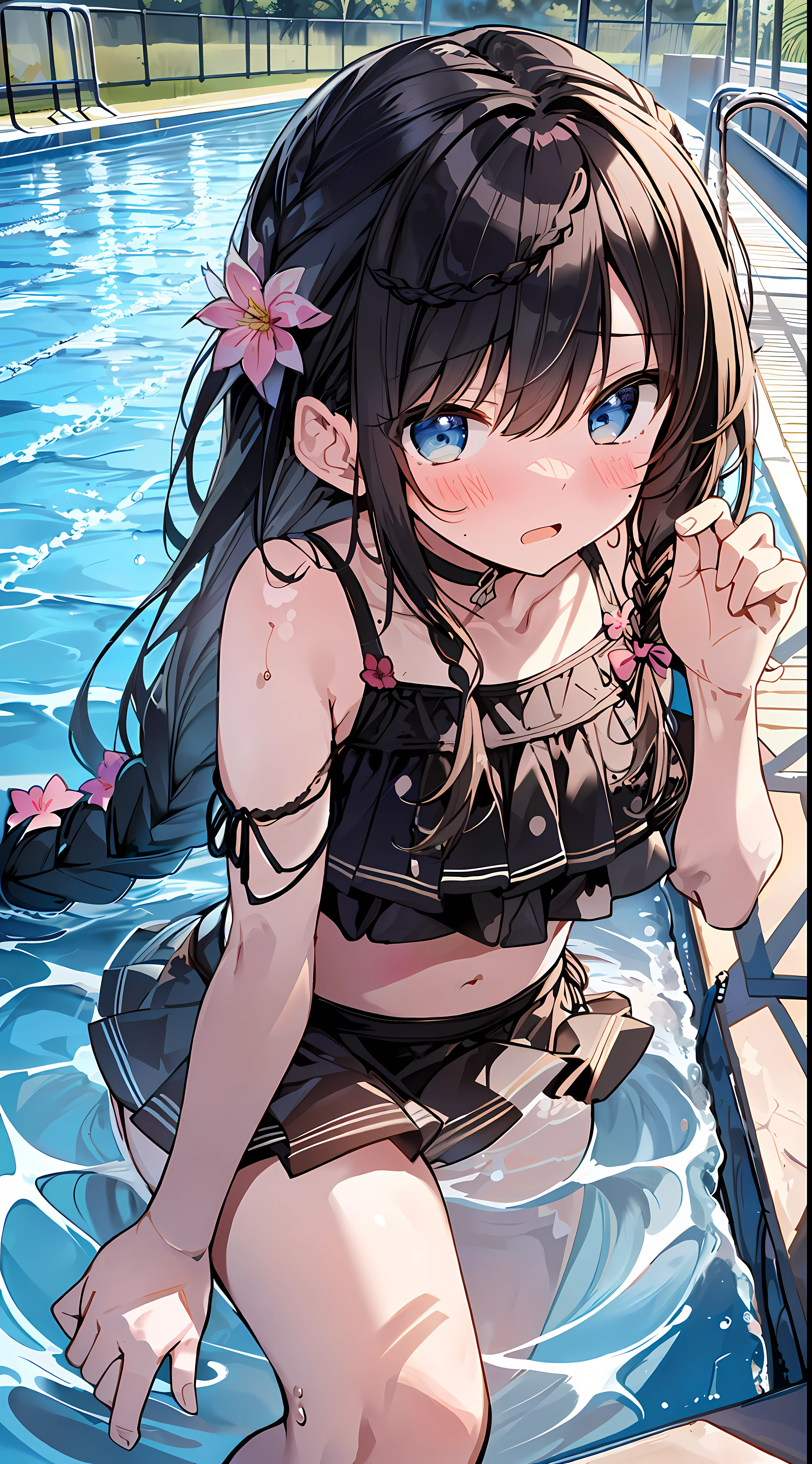 (incredibly absurdres absolutely resolution: 1.5), Top Quality, Masterpiece, Ultra High Definition, 8k, Sun, (((Pool)), Midsummer, (Floral bikini, swimsuit with decoration), Shojo Manga style, , Soft Line Art, Digital Enhancement, Shojo Manga Touch, Shojo Manga Core, (Hair length to shoulder)))), ((( Short braid))), soft drawing, beautiful black hair, clear eyes, ((flustered gesture, surprised expression)), ultra-detailed digital anime art, clear face depiction, ultra-detailed shojo manga character art, clear facial features, manga style, top quality colors, angle visible to the feet, entangle, beautiful and aesthetic:1.3、High quality:1.3