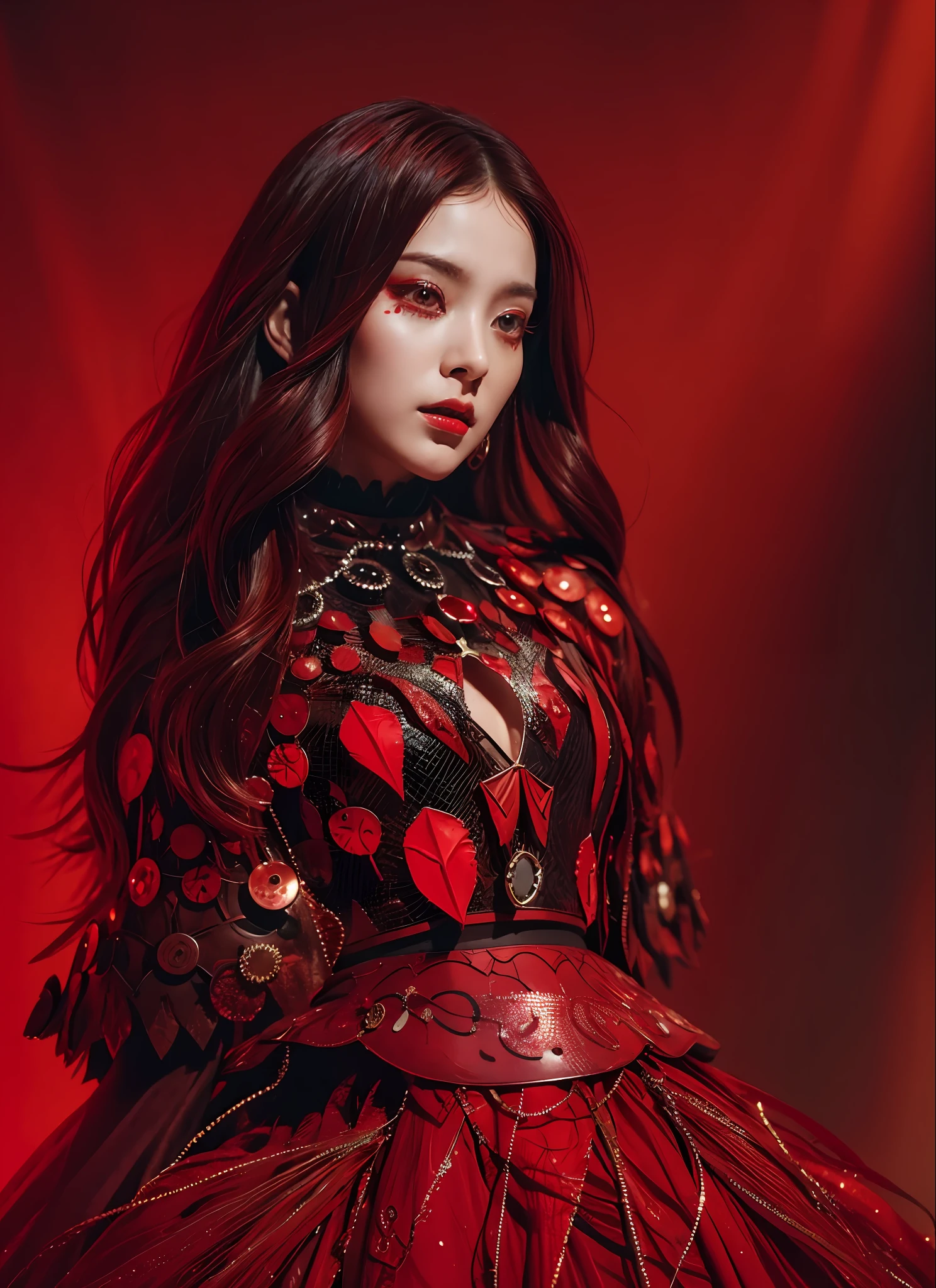 It produces works by women that combine a dark and mad world based on red with intense fantasy elements. She has a creepy and charming figure, and the red-centered outfit highlights her personality. The backdrop is a fantastic fantasy world, with eerie red lights dancing and strange creatures and magical plants. Her figure is mysterious, with a brilliant blend of dark vibes and fantasy essence.
The effects of light and shadow are skillfully presented, and the details of the red costume and her face and expression are meticulously drawn. The fantasy element intensifies even more, and a red light envelops her. The overall atmosphere is mysterious and enchanting, yet it has its own artistic touch. The red and dark tones of this work stand out, which will evoke visual stimulation and aesthetic sensation, giving the viewer interest and mysterious charm.
We create works based on red that weave fantasy elements into a dark and mad worldview. Her eerie and charming figure and fantastic red background will make a deep impression on the viewer as a unique work of art.