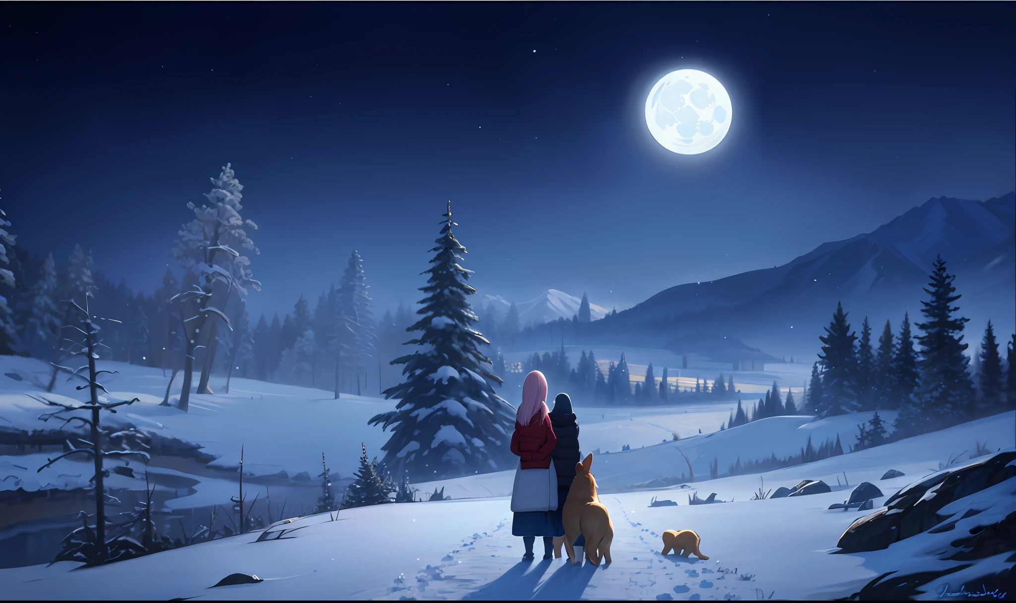 painting of a woman and a dog in a snowy landscape with a full moon, painted in anime painter studio, winter concept art, made with anime painter studio, an expressive digital painting, twilight ; digital painting, snowy night, moonlight snow, speedpaint, speed painting, a digital painting, inspired by Jakub Rozalski, moonlight snowing, speedpainting, mood painting