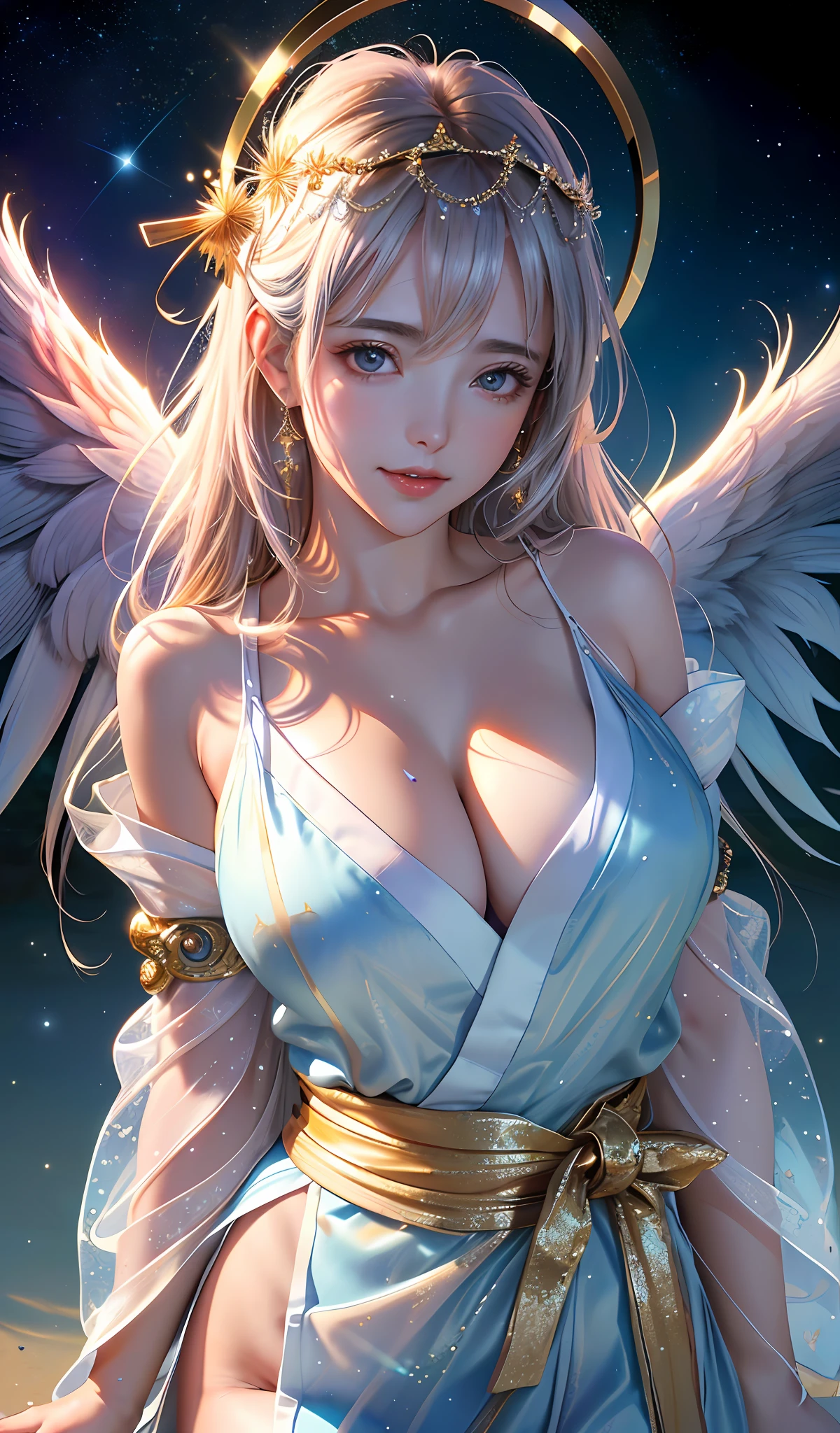masterpiece, best quality, extremely detailed CG unity 8k wallpaper, ,(Upper Body head close-up shot of a beautiful Amaterasu girl), (Mckenna Grace), (()), ((( ))),,(gigantic breasts),(Wings, Glittering with gold angel halo overhead),wet transparent see through yukata Kimono, ,Plump,(),((spread legs,,Fisheye perspective view,from above)),,,,(seductive smile),,,, ,Starry sky,earth,,pretty face, key art, award winning, intricate detail realism hdr, by (Luis Royo:1.2), (Yoshitaka Amano:1.1), Photorealism, Hyperrealism, ultra realistic, dramatic light, intense shadows, gorgeous view,depth of field