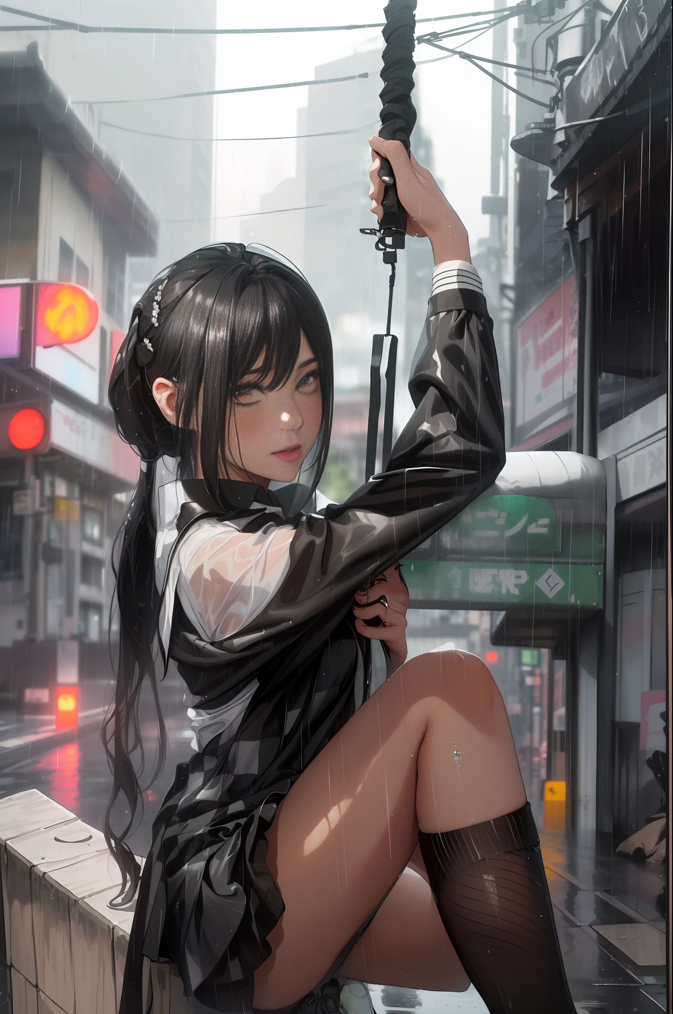 ((highest quality), (masterpiece), (in the rain), 20-year-old woman, beautiful woman, beautiful wet black hair, (ponytail), floral hair ornament, beautiful brown eyes, portrait close-up, wet white shirt, tie, checkered miniskirt, black socks, black shoes, thighs, neon street,