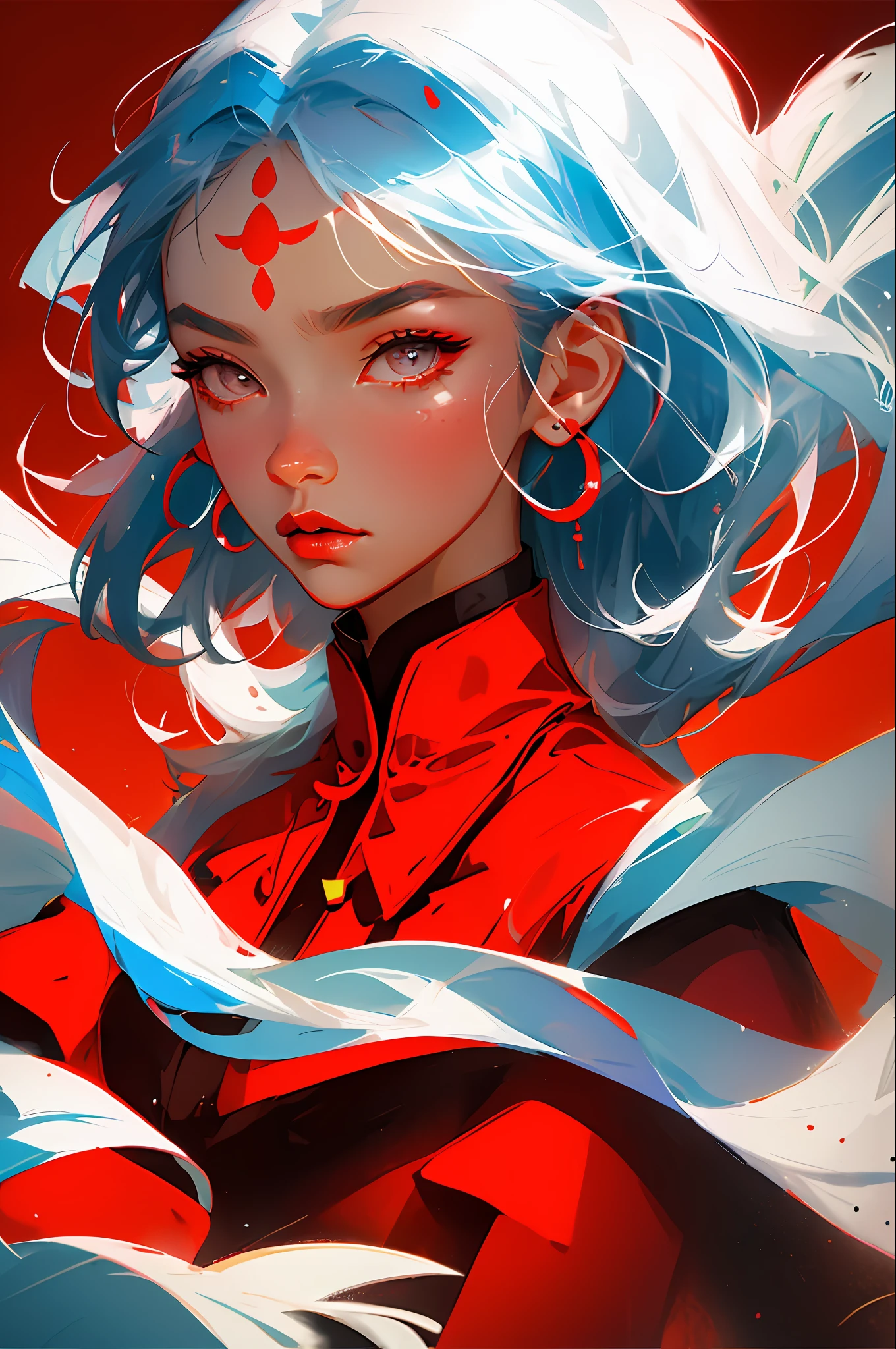 (Face close-up: 1.3), Avatar close-up, Tibetan woman, Tibetan clothing, Tibetan jewelry, trend, modern, red background, black and white fluorescent color, flat style, minimalism, flat illustration, Tsuruta Ichiro style,