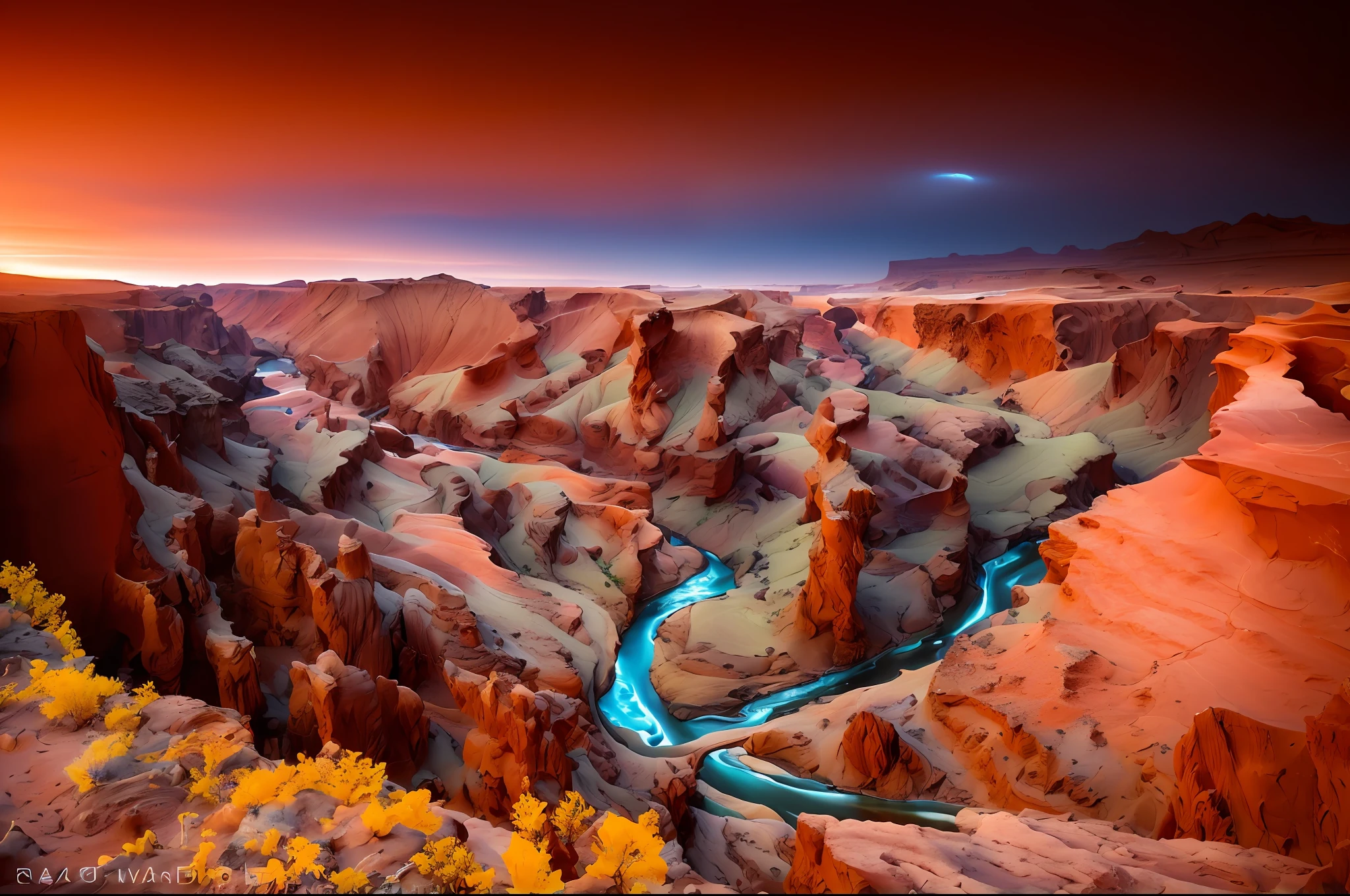 arafed view of a river running through a canyon in the desert, dramatic earth colors, the planet is warm with canyons, outworldly colours, one million lave rivers, cinematic silk road lanscape, iceland photography, iceland landscape photography, max rive, lpoty, canyon topography, iceland, earth and pastel colors, colorful ravine