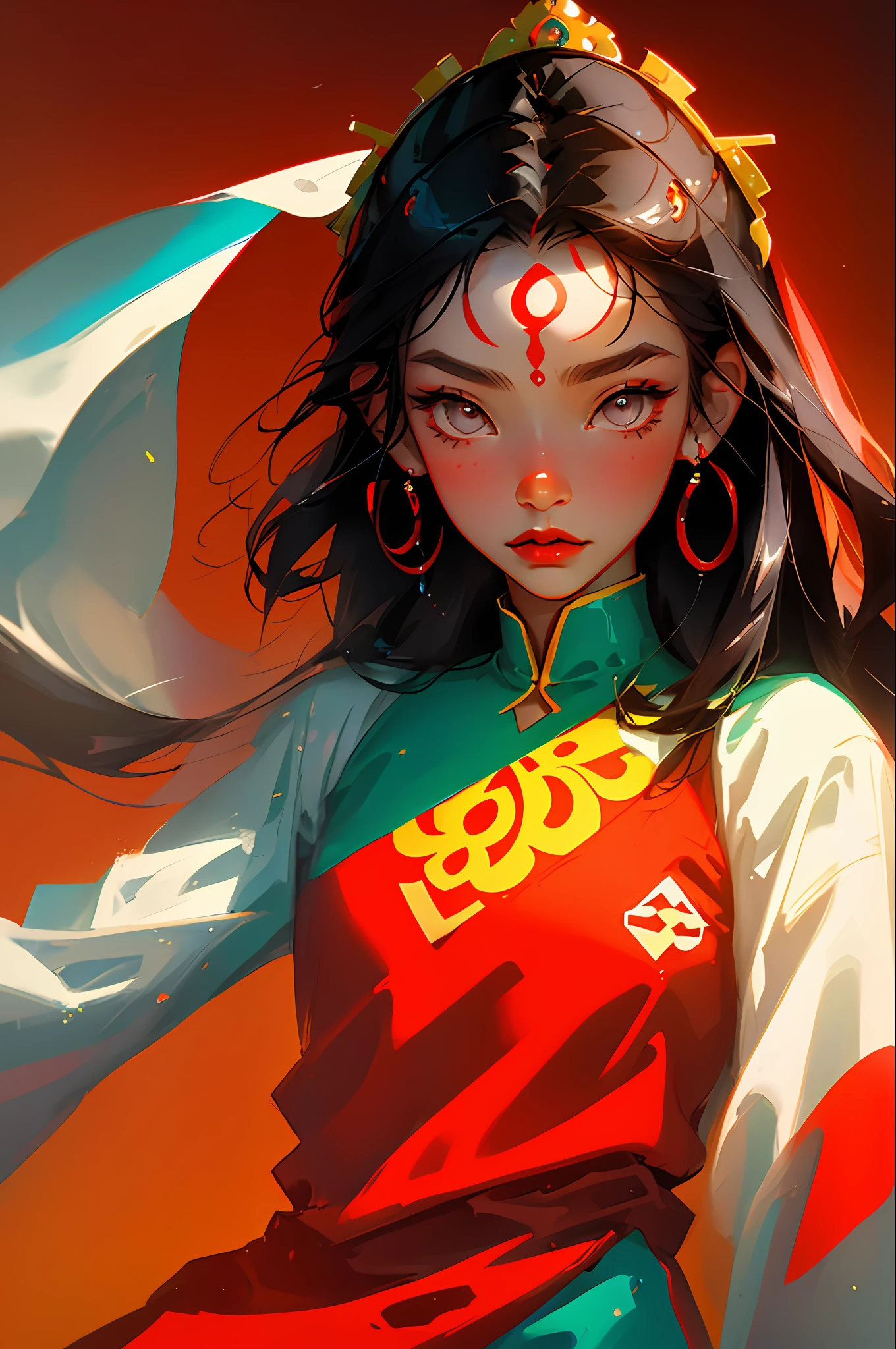 (Face close-up: 1.3), Avatar close-up, Tibetan woman, Tibetan clothing, Tibetan jewelry, trend, modern, red background, black and white fluorescent color, flat style, minimalism, flat illustration, Tsuruta Ichiro style,