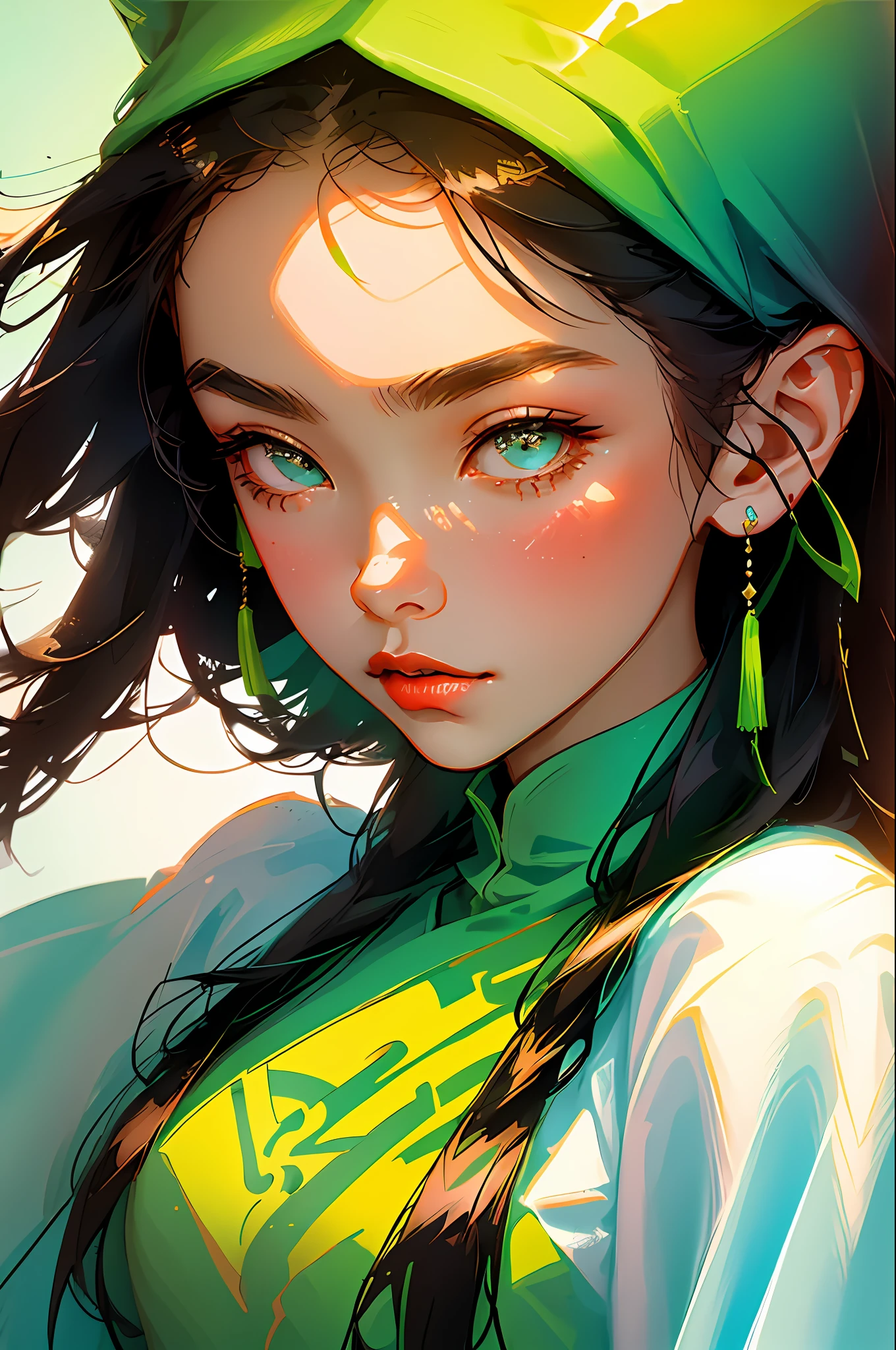 (Face close-up: 1.3), avatar close-up, Xinjiang woman, Xinjiang clothing, Xinjiang jewelry, trend, modern, green background, black and white fluorescent color, flat style, minimalism, flat illustration, Tsuruta Ichiro style,