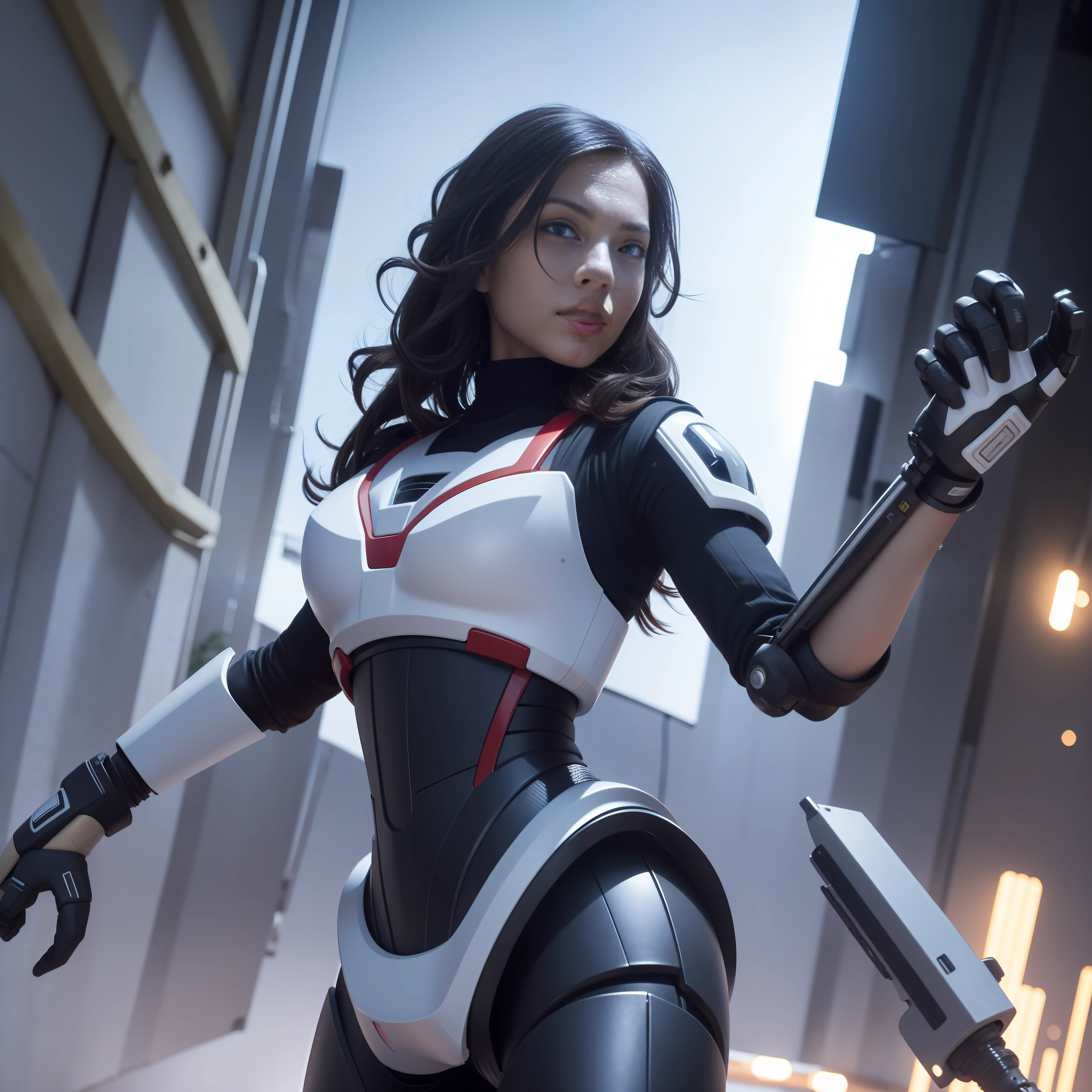 " Mila type, perfect face. Expression on his face. robot arm with more than a meter, epic action scene, stunning Full HD and 8K quality, movie visuals, exaggerated and voracious expression on the face, warm smile, lots of adrenaline."