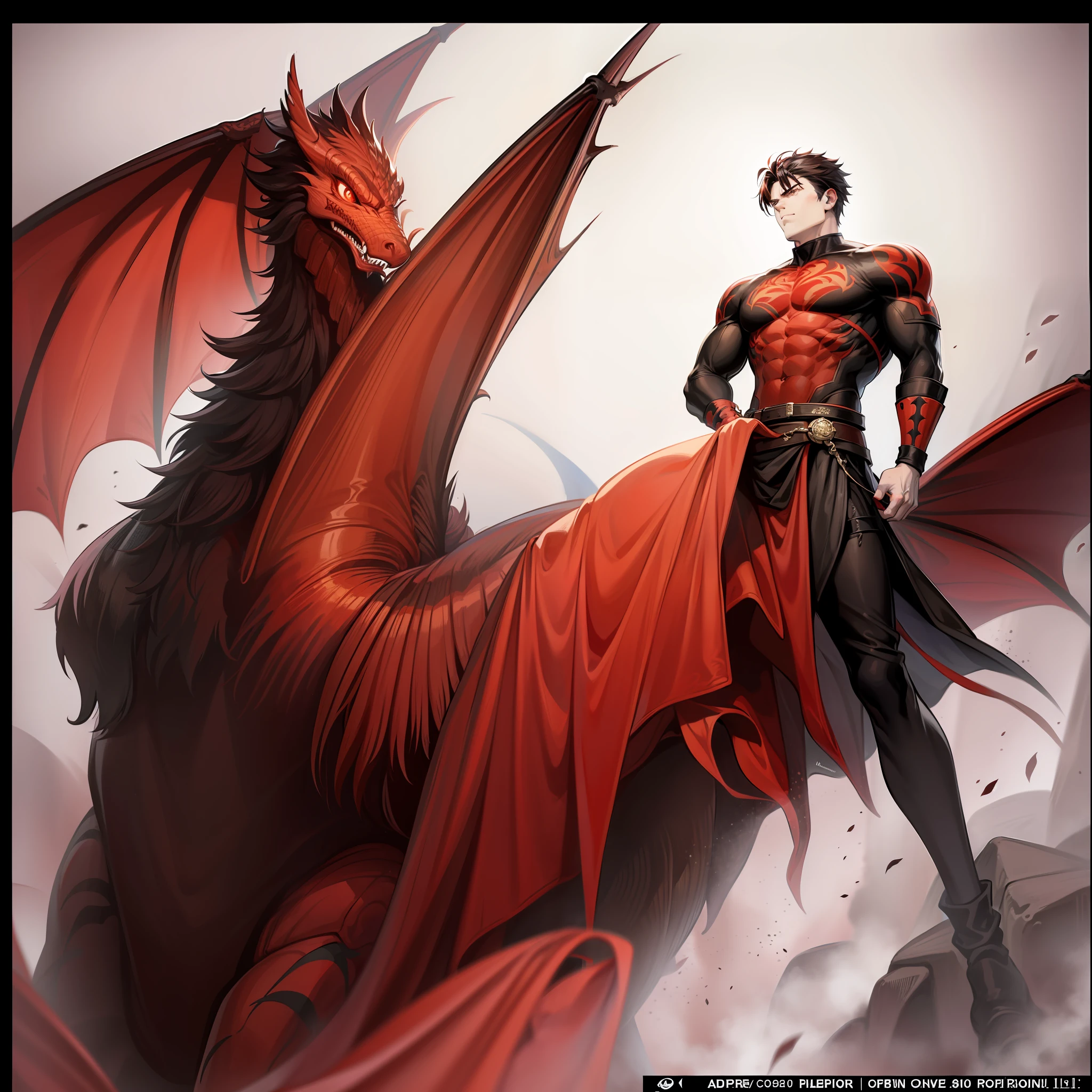 a man standing in the middle of a red dragon, in the style of anime aesthetic, tattoo, klaus pillon, comic book, black and amber, he jiaying, cut/ripped