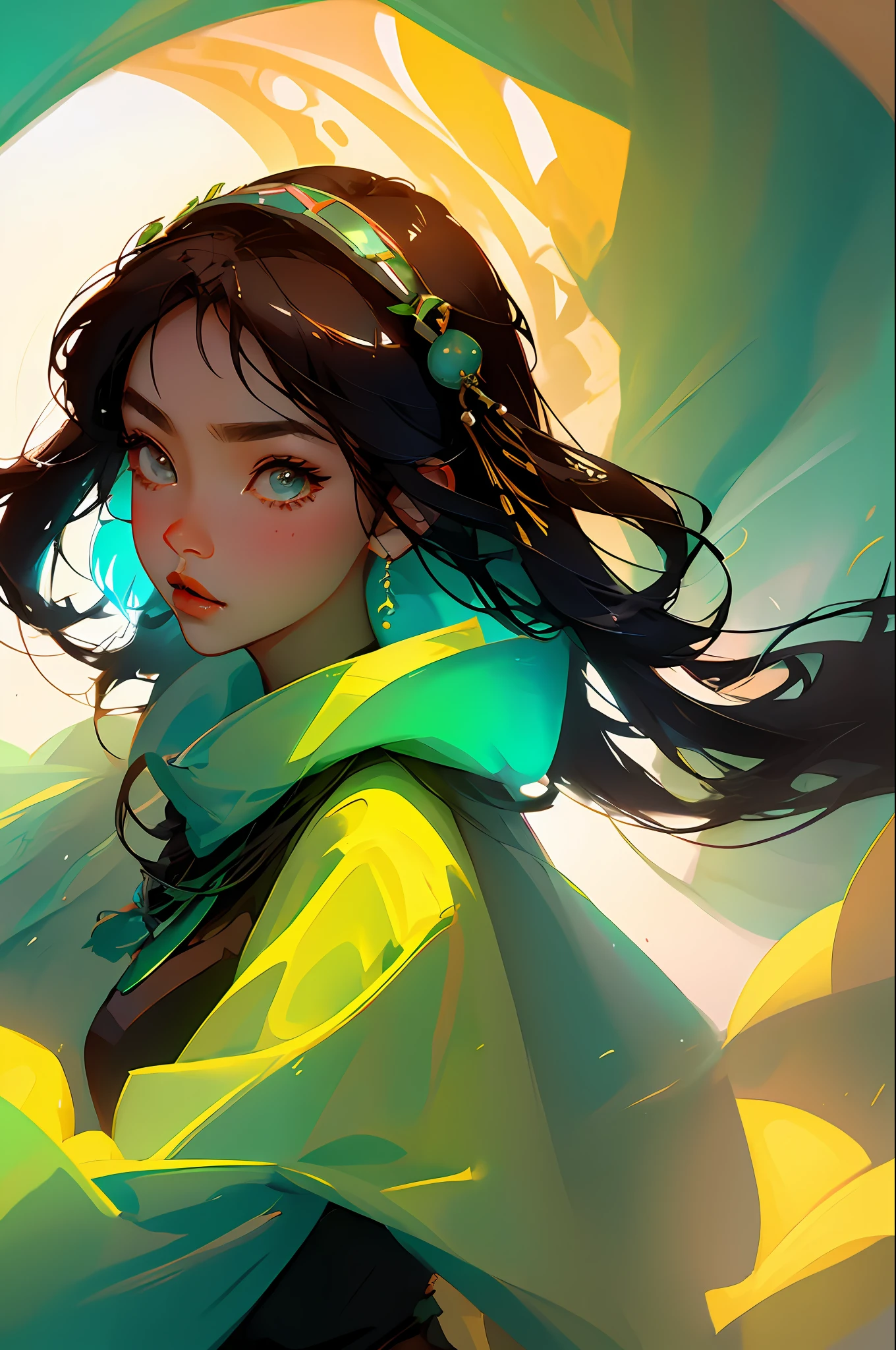 (Face close-up: 1.3), avatar close-up, Xinjiang woman, Xinjiang clothing, Xinjiang jewelry, trend, modern, green background, black and white fluorescent color, flat style, minimalism, flat illustration, Tsuruta Ichiro style,